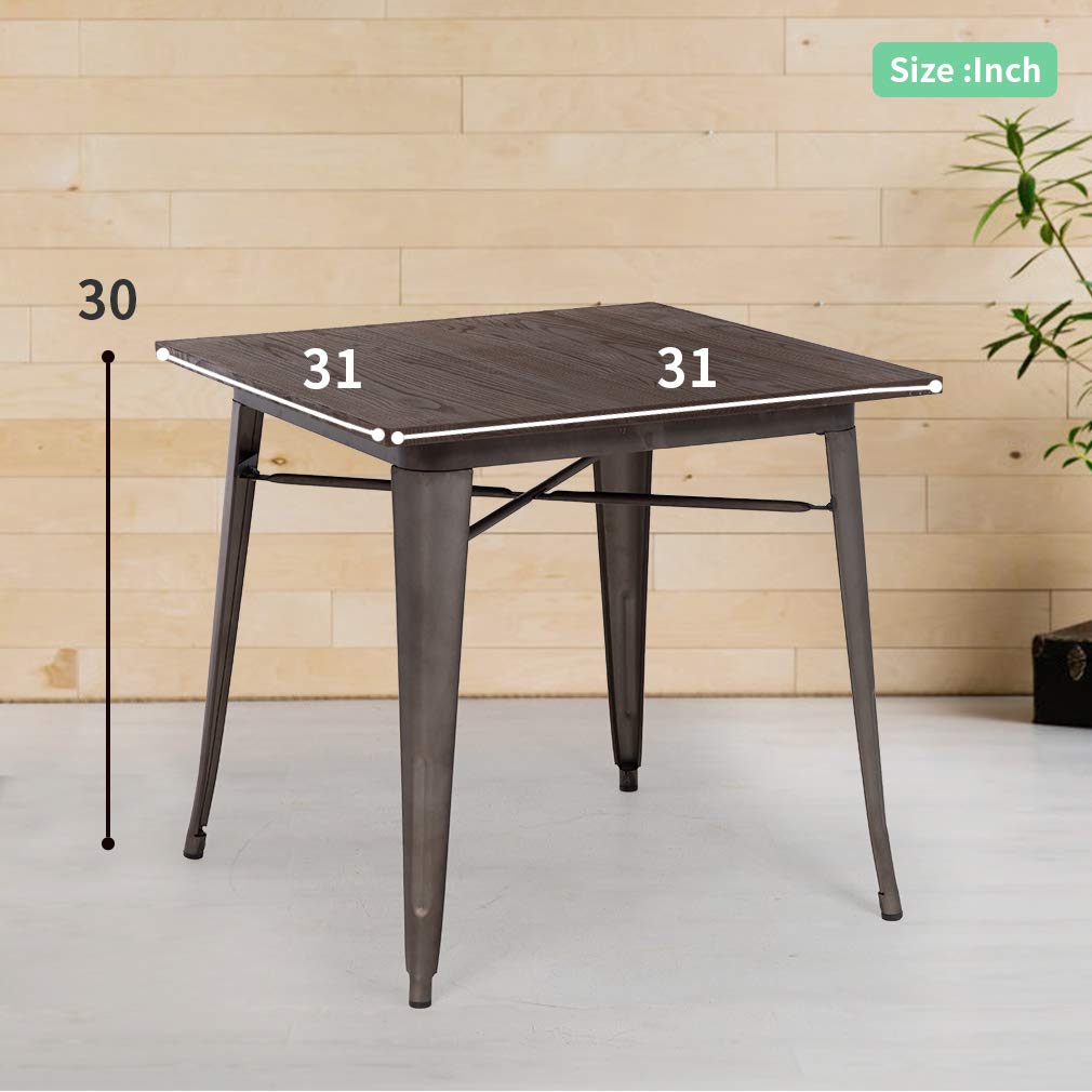 Heavy Duty Outdoor Dining Table 31x31 Inches - Metal Base with Wood Top for Patio, Restaurant & Home - Bronze Finish Indoor/Outdoor Kitchen & Coffee Table for Backyard, Garden & Cafe Use