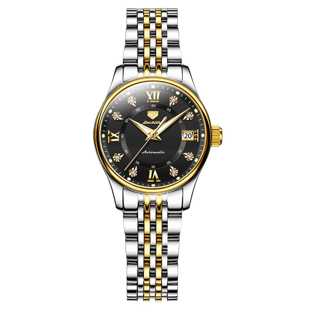OLEVS Women's Luxury Automatic Diamond Watch - Self Winding Moon Phase Stainless Steel Dress Watch with Luminous Blue Dial & Waterproof - Perfect for Business, Evening Events & Gift Giving