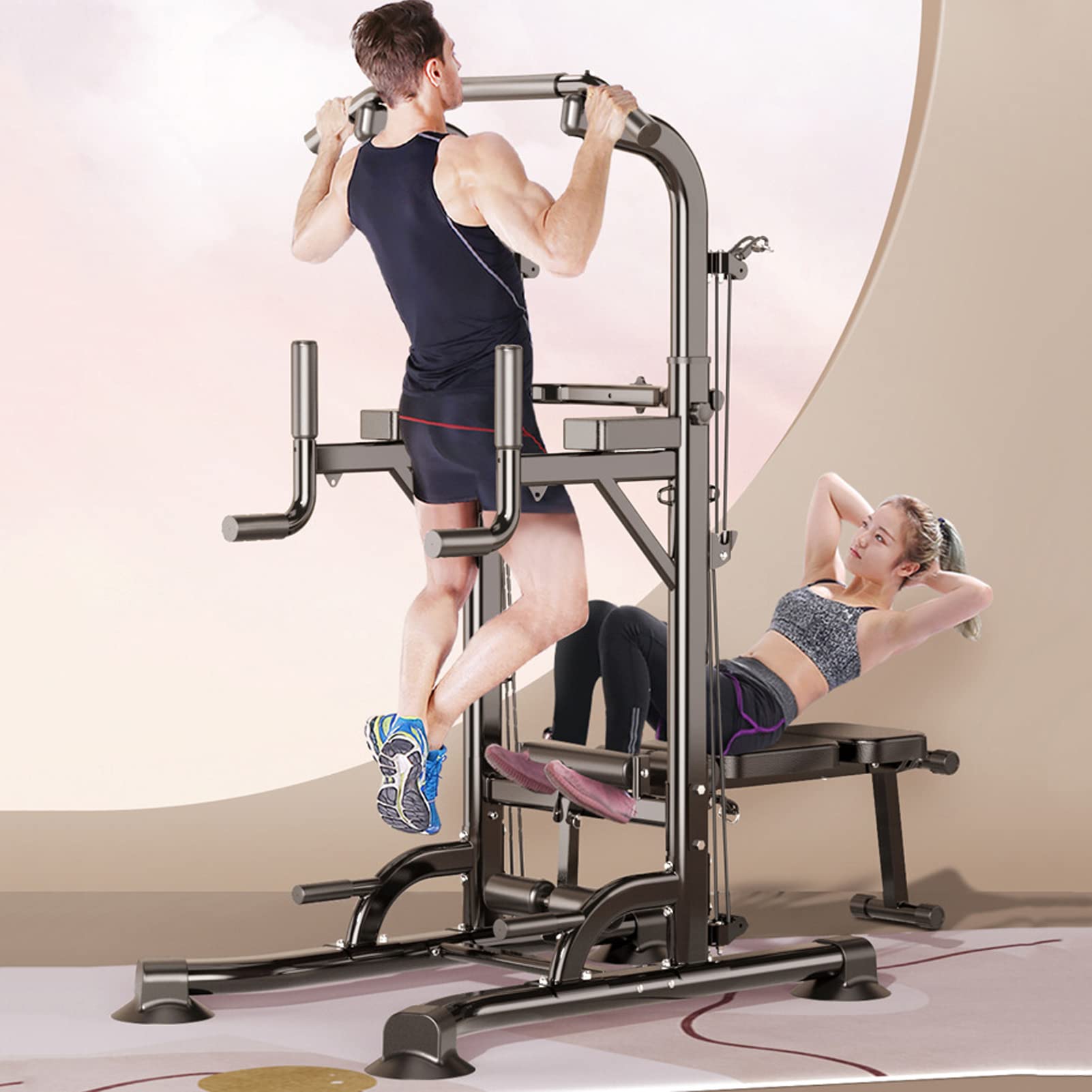 Power Tower with Folding Weight Bench - Adjustable Dip Station & Pull Up Bar for Home Gym Strength Training | Includes Resistance Bands & 330 lbs Weight Capacity | Perfect for Full-Body Workouts, Muscle Building & Home Fitness