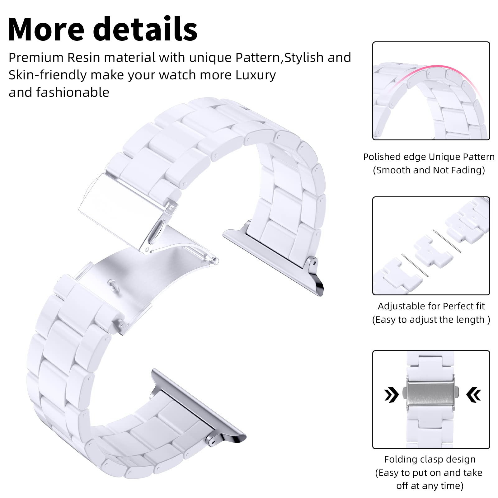 GEAK Resin Apple Watch Band Compatible with 44mm 42mm 45mm - Stylish Lightweight Replacement Bracelet with Stainless Steel Buckle for iWatch Series 7/6/5/4/3/2/1/SE - Perfect for Men & Women, Gym, Work & Everyday Wear (White)