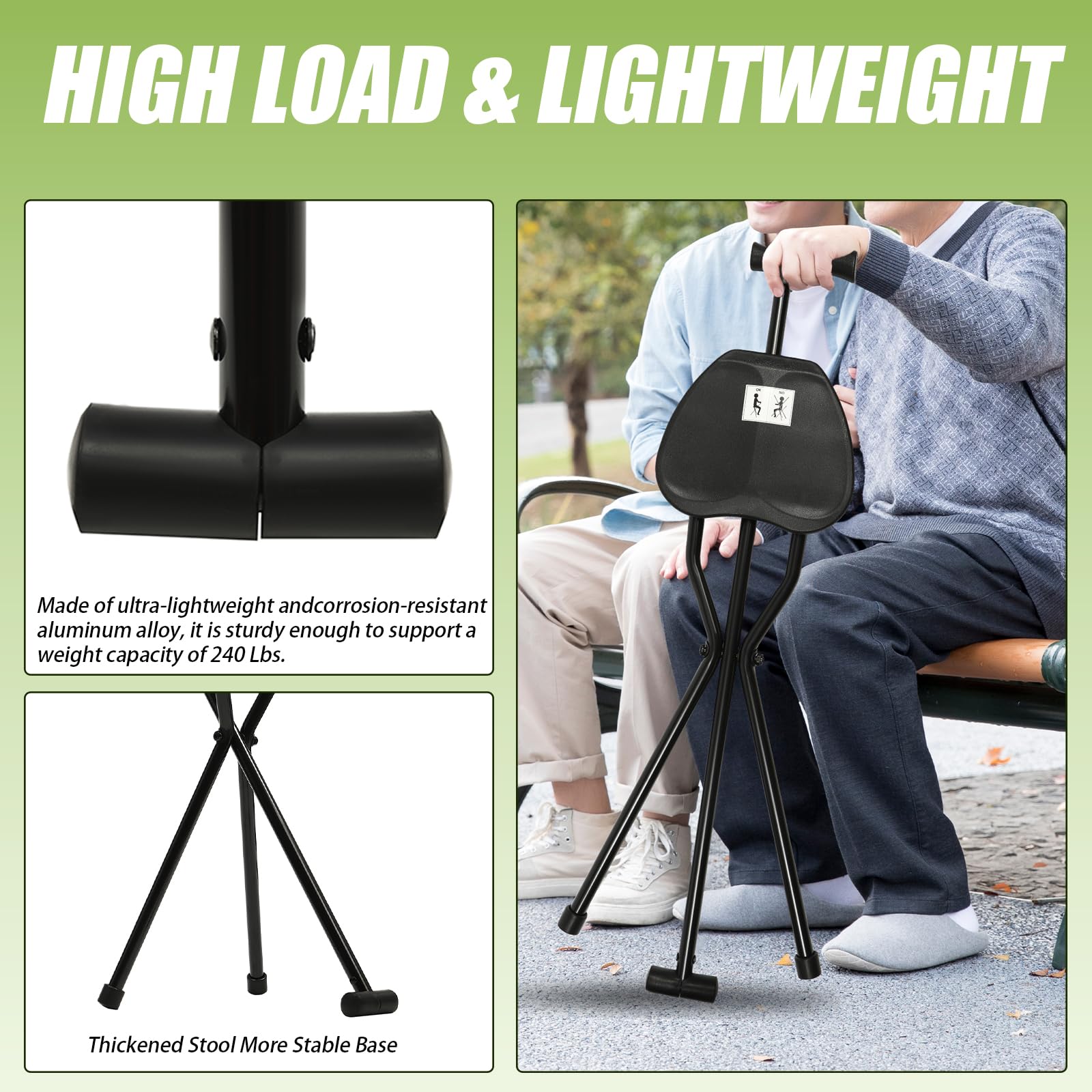 Portable Folding Cane Chair with Seat - 34 Inch Lightweight Walking Stick for Seniors, Supports 240 lbs, Anti-Slip Handle - Perfect for Hiking, Travel & Outdoor Activities