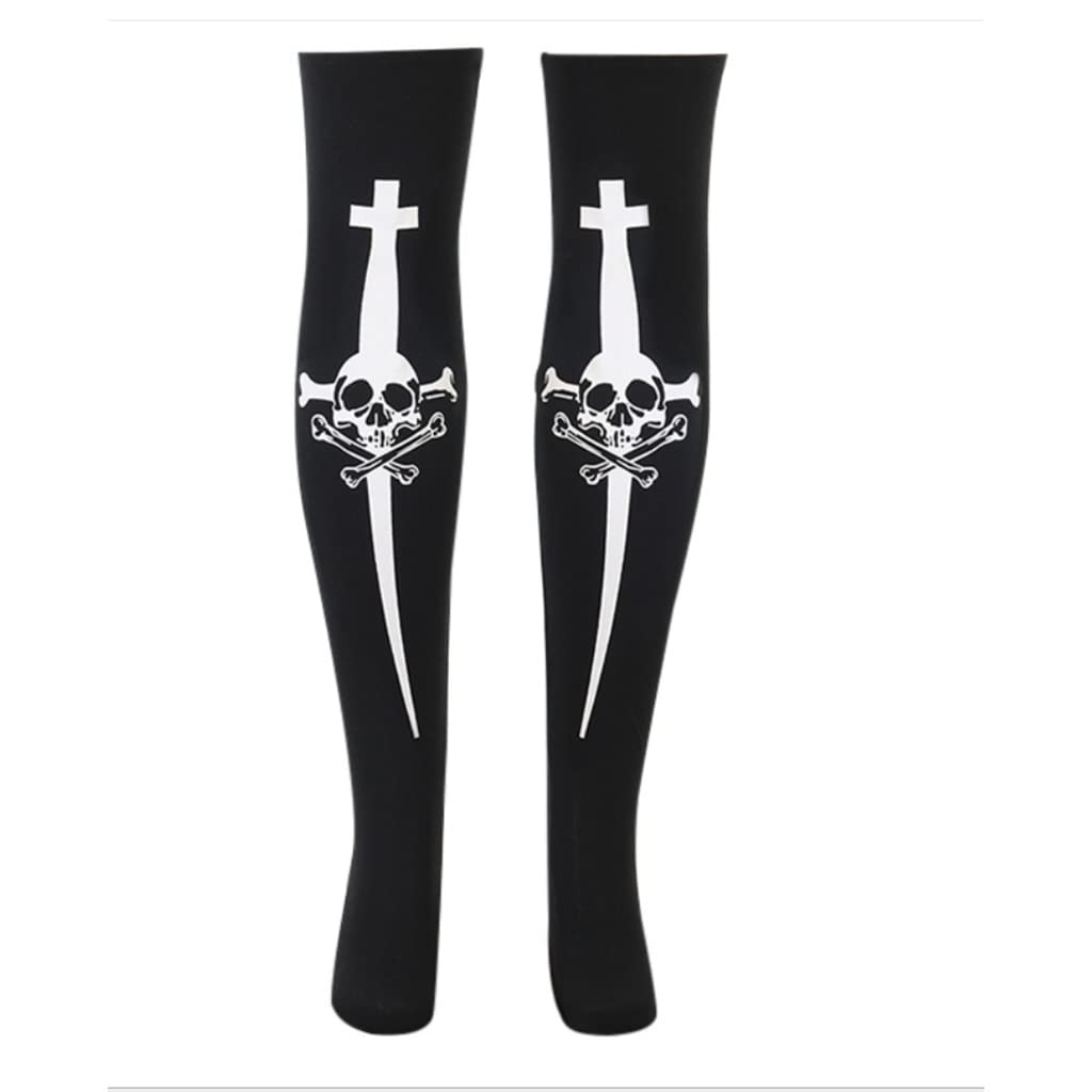 Women's Halloween Skull Thigh High Stockings - Gothic Cross Skeleton Over The Knee Socks in Black & White | Perfect for Halloween Costumes, Gothic Fashion, and Cosplay Outfits