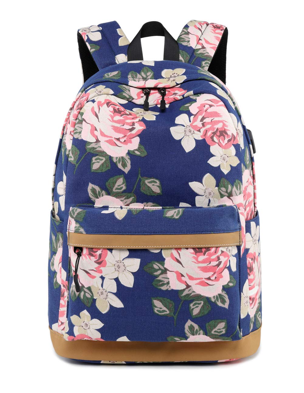 Ahyapiner Striped Canvas Backpack for Girls & Women - Lightweight School Bag, Casual Daypack for Travel, Work & College (Floral Blue) | Perfect for Daily Use, Commuting & Outdoor Adventures