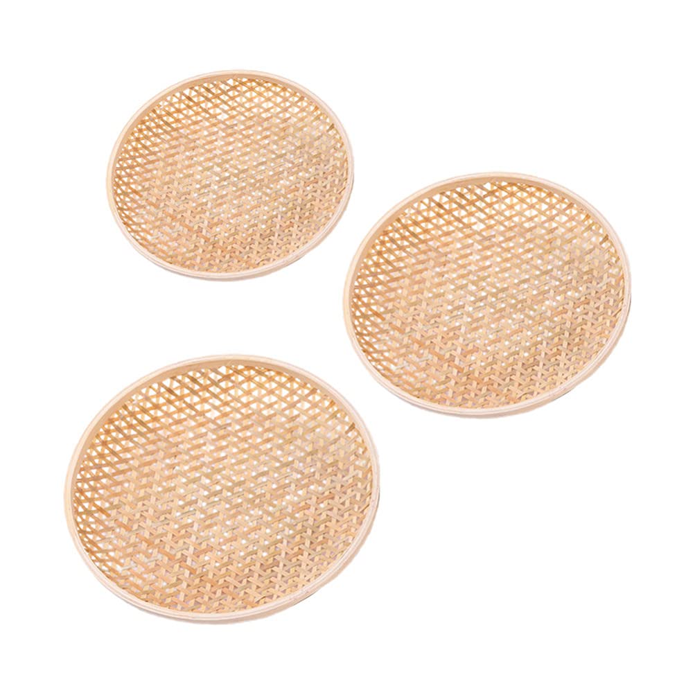 DOITOOL 3-Piece Bamboo Fruit Tray Set with Magnetic Lid - Handwoven Seagrass Wall Basket, Wicker Serving Tray for Coffee, Snacks, and Kitchen Storage - Eco-Friendly Home Decor for Dining Room and Kitchen Organization