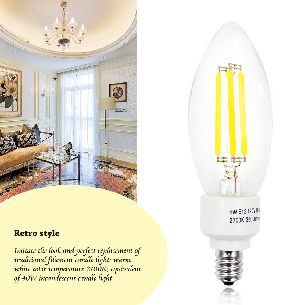 3-Pack 110V 4W E12 Clear LED Filament Bulbs - 2700K Warm White, 40W Equivalent, Candelabra Base, 400LM, 360° Beam Angle - Perfect for Chandeliers, Wall Sconces, and Vintage Lighting Fixtures