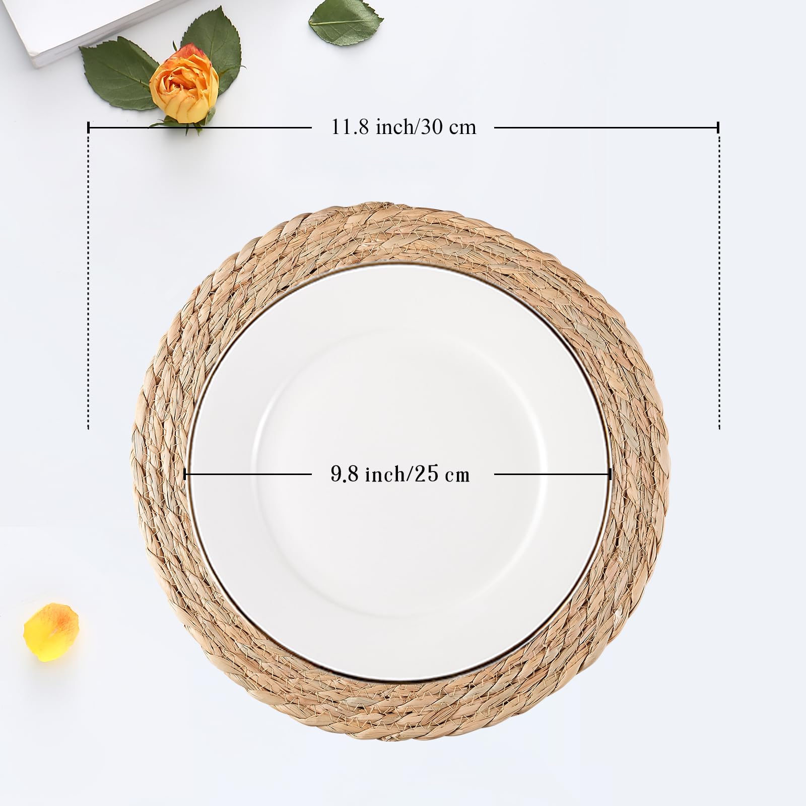 Round Woven Placemats Set of 6 - Natural Water Hyacinth & Rattan Placemats - 12 Inch Heat Resistant Wicker Placemats for Farmhouse, Boho, Outdoor, Patio Dining - Perfect for Indoor & Outdoor Tables, Dinner Parties, and Decorative Home Accents