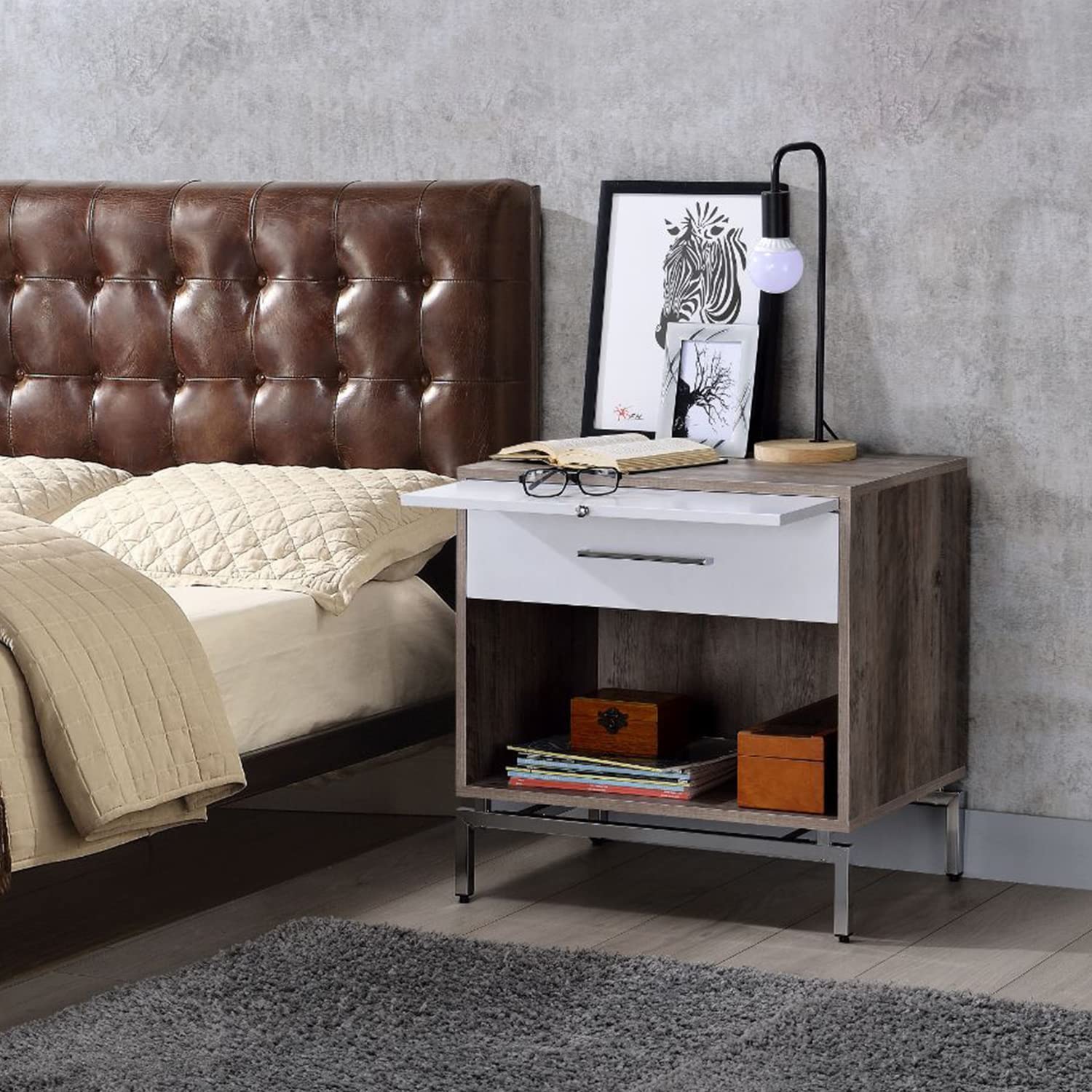 Simple Relax 1 Drawer Nightstand with Open Shelf - Weathered Gray Oak & White Finish - Bedroom Side Table for Small Spaces, Apartment, Dorm Room