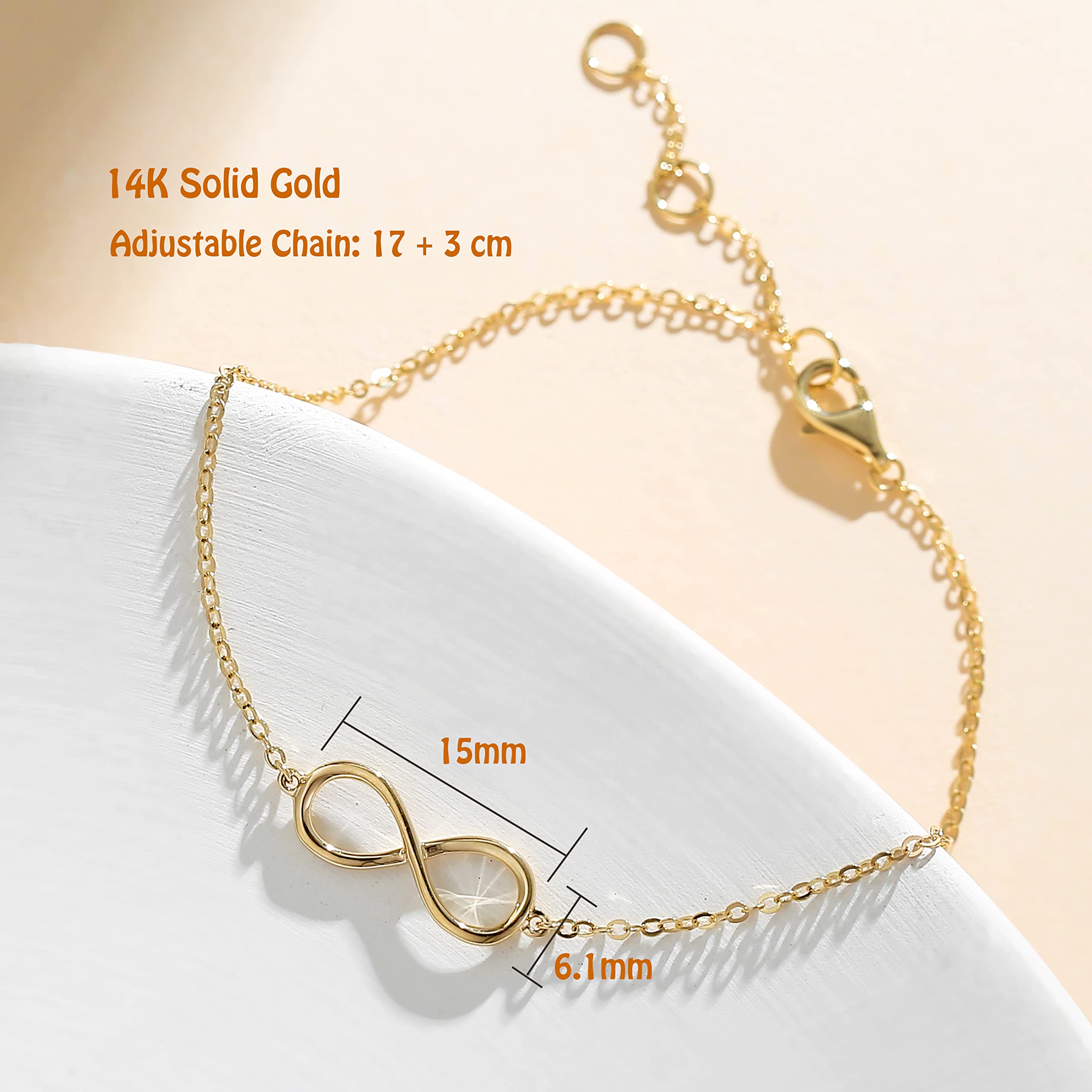 14K Solid Yellow & Rose Gold Infinity Charm Bracelet - Dainty Minimalist Jewelry for Women, Mom, Girls | Anniversary, Christmas Gift | 6.7+1.2 Inches | Perfect for Everyday Wear, Date Nights & Special Occasions