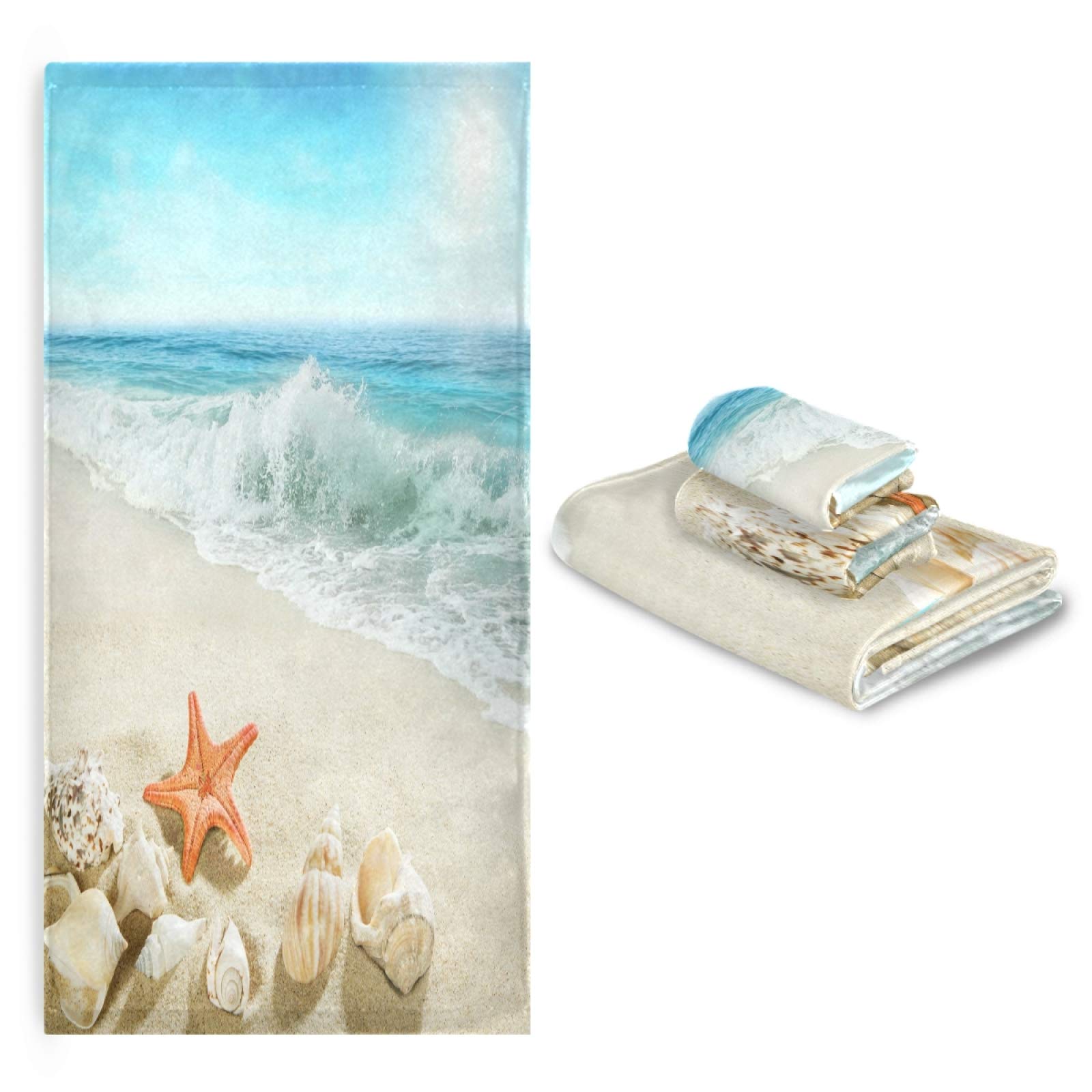 ALAZA 3-Piece Bath Towel Set - Soft Summer Beach Seashell Design - Includes 1 Bath Towel, 1 Hand Towel & 1 Washcloth - Perfect for Home, Kitchen, Hotel, Gym, Swim & Spa - Quick-Drying & Absorbent for Beach Trips, Poolside Lounging & Bathroom Use