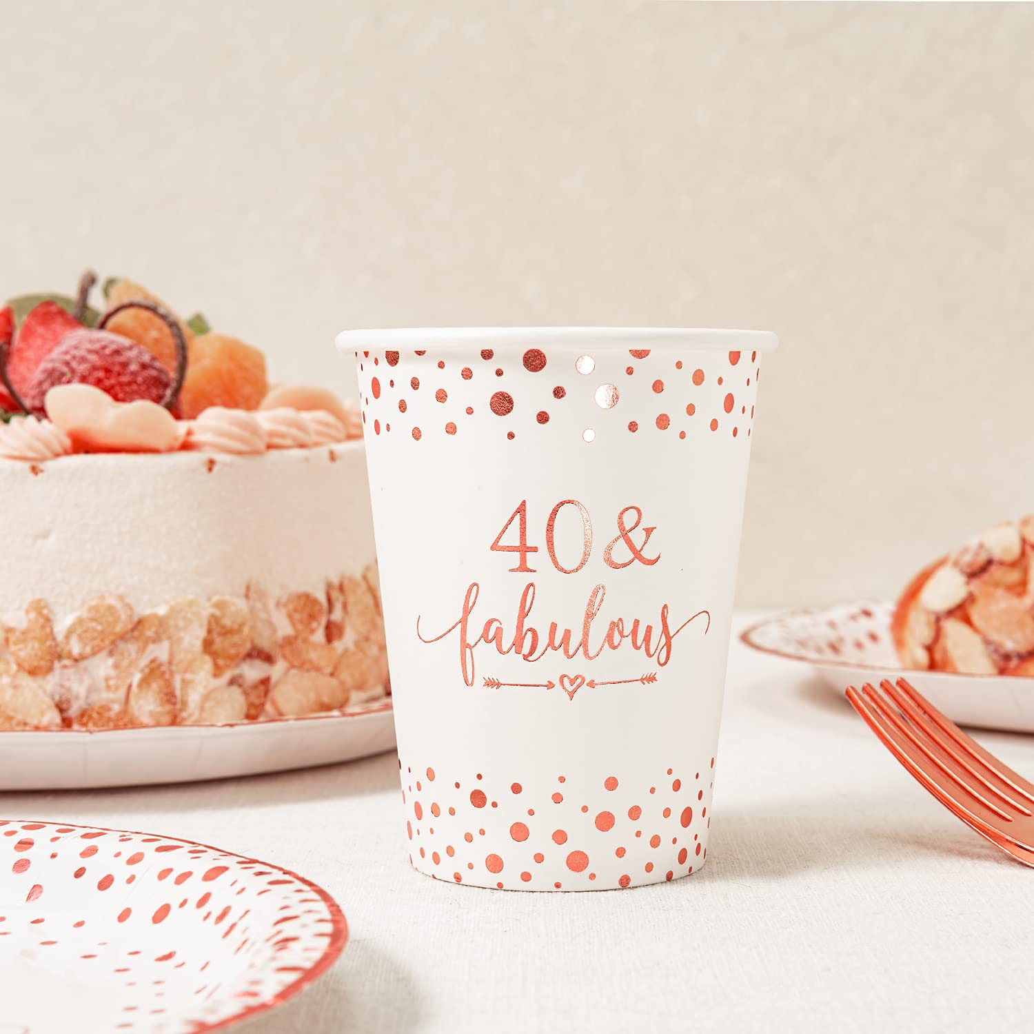 40th Birthday Party Decorations - Rose Gold Foil Disposable Tableware Set (24-Piece) with 9