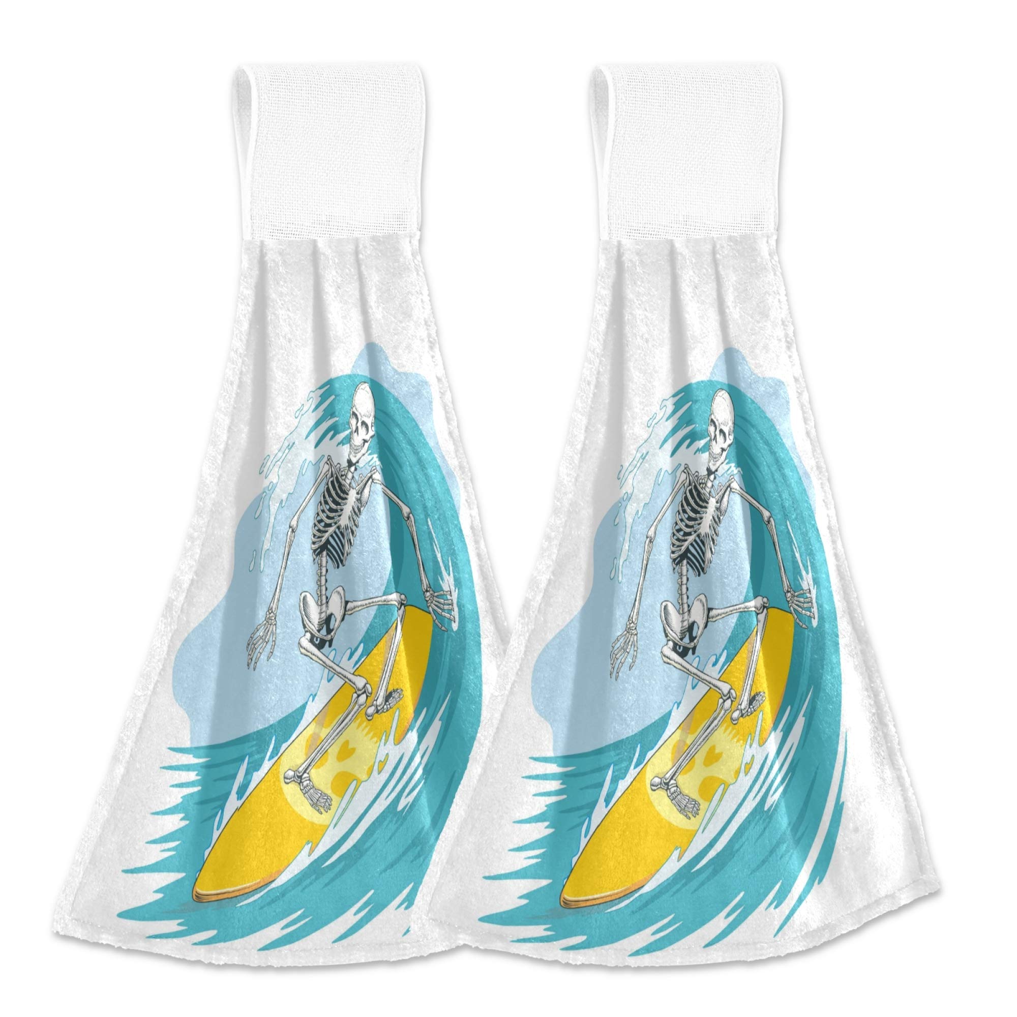 Skeleton Surfer Hanging Kitchen Towels - Fast Drying Sea Wave Design Hand & Dish Towels Set of 2 for Bathroom, Kitchen, Gym & Home Decor - Perfect for Beach House, Coastal Decor & Surfing Enthusiasts