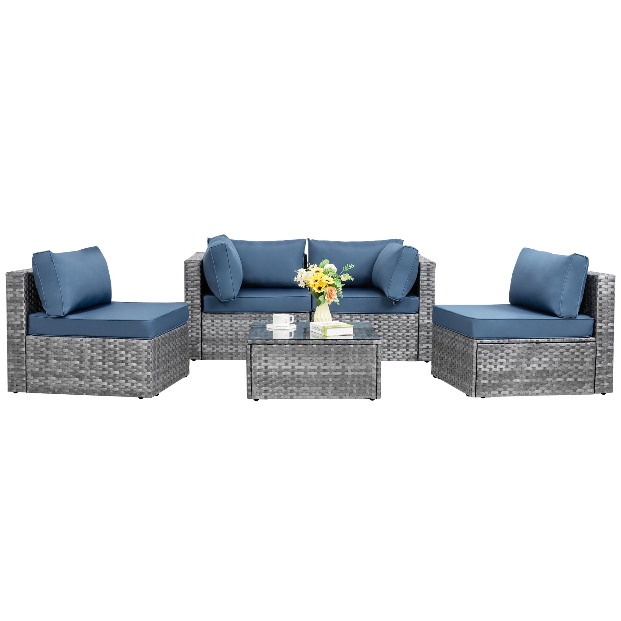 Shintenchi 5-Piece Outdoor Patio Sectional Sofa Set with Washable Cushions & Glass Coffee Table - PE Wicker Furniture in Aegean Blue for Garden, Poolside, Backyard | Perfect for Outdoor Entertaining, Relaxation & Lounging
