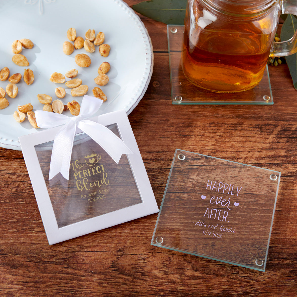 Custom Engraved Glass Coasters Set of 4 - Personalized Drink Coasters for Home Bar, Wedding Gifts & Housewarming - Elegant Glass Drink Coasters for Coffee Table, Office Desk & Party Decor