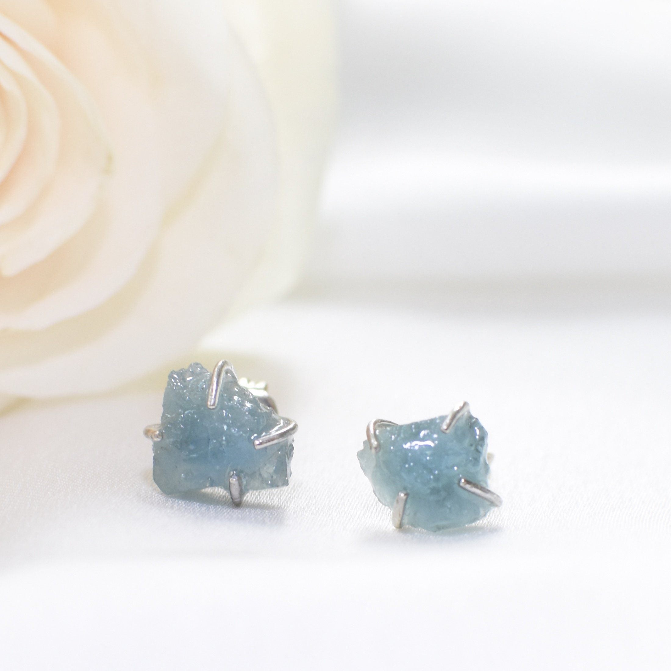 Natural Aquamarine Huggie Stud Earrings - 925 Sterling Silver Jewelry for Women - Perfect for Everyday Wear, Gift Giving & Special Occasions