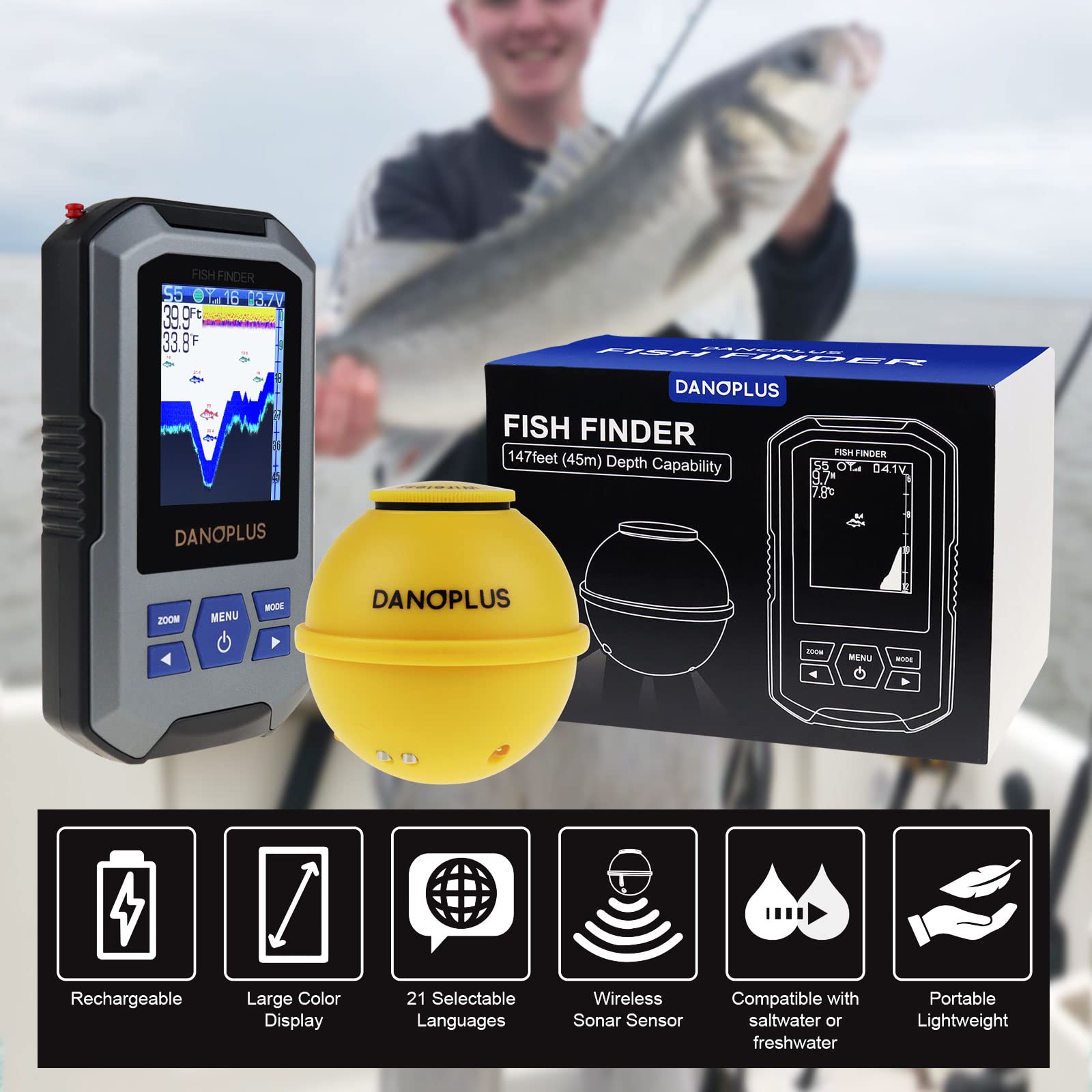 Portable Wireless Fish Finder with Sonar Sensor - 147ft Depth Detection, Rechargeable Kayak Fishing Accessories for Sea, Ice & Boat Fishing | Perfect for Kayak Anglers, Ice Fishermen & Offshore Boating