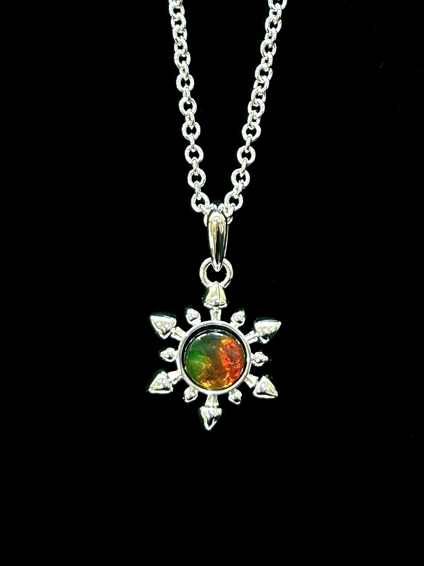 Natural Ammolite Silver Plated Snowflake Pendant Necklace - Iridescent Gemstone Jewelry for Women, Gift for Christmas/Birthday/Anniversary, Perfect for Party/Wedding/Evening Occasions