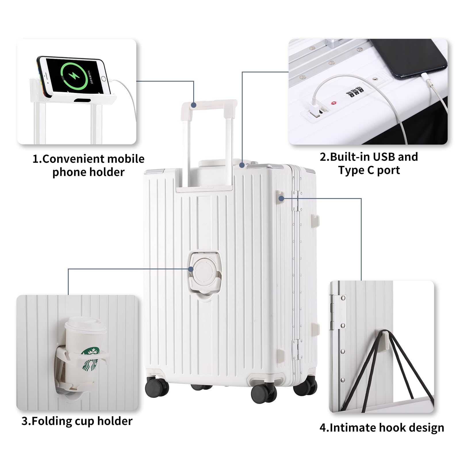 YUNASAY 20 Inch Hardside Spinner Carry On Luggage - Lightweight Aluminum Frame, TSA Lock, USB Port, Front Pocket, Cup & Phone Holder - Perfect for Air Travel & Business Trips (White)