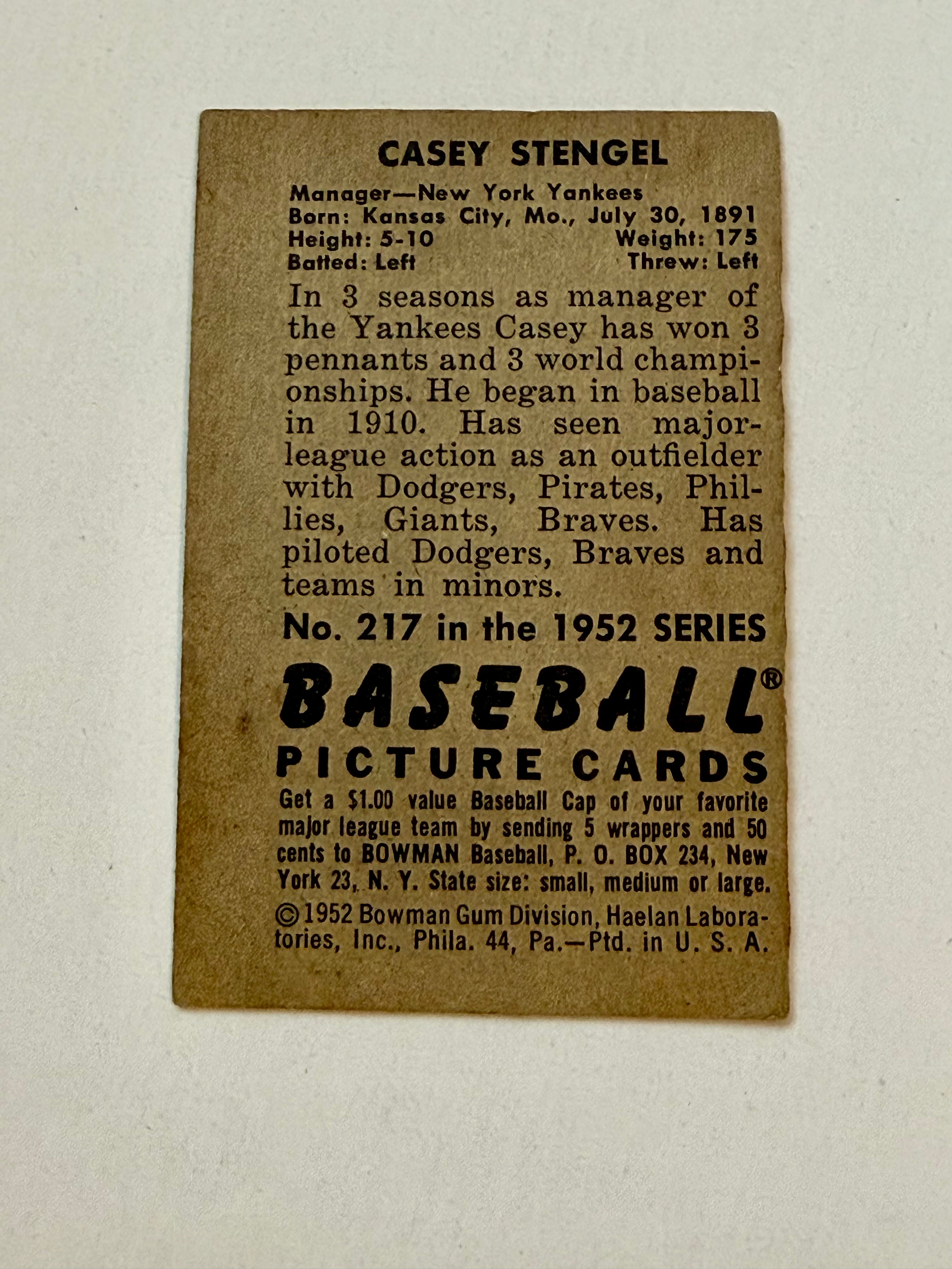 1952 Casey Stengel Bowman Baseball Card - Vintage Collectible Sports Memorabilia for Display & Investment