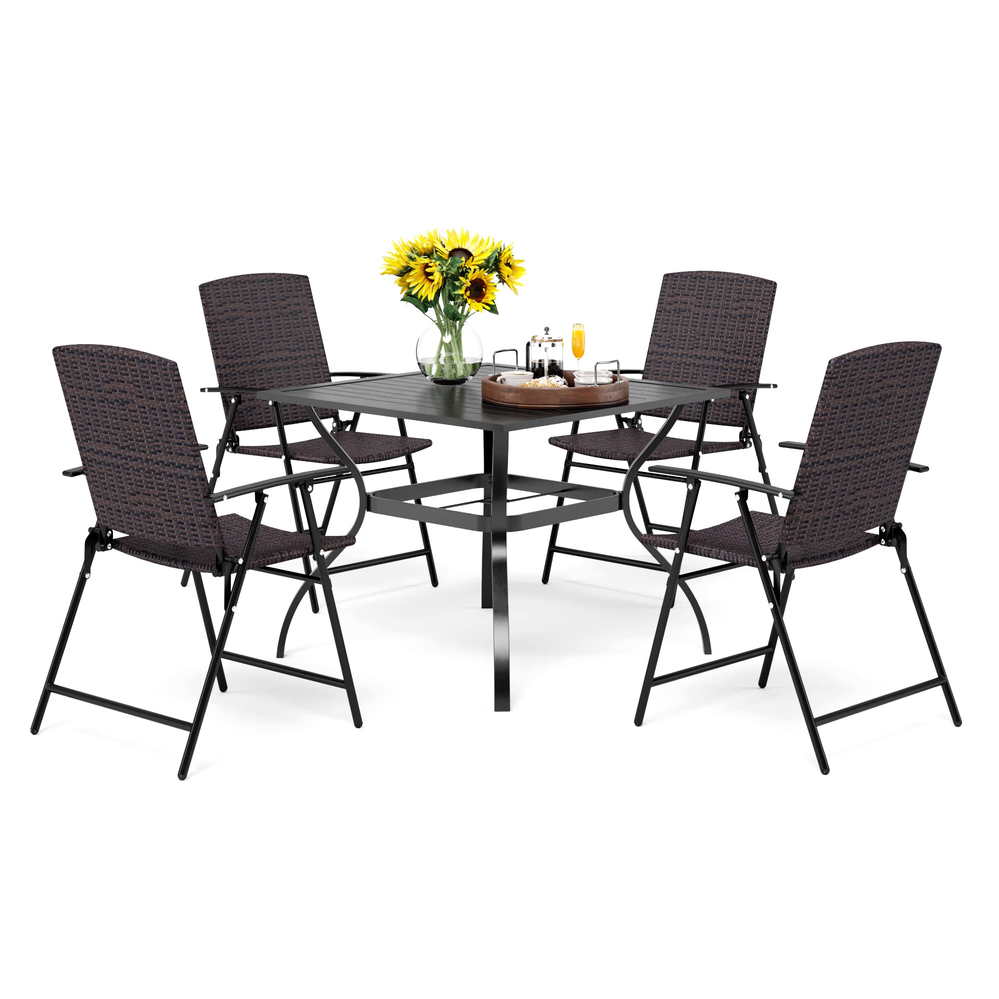PHI VILLA 5-Piece Outdoor Dining Set for 4 People - Foldable Rattan Chairs & 37