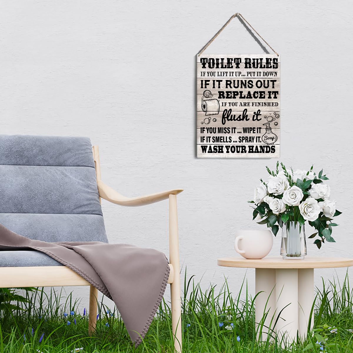 Farmhouse Bathroom Rules Sign - Rustic Wooden Wall Plaque with 'Wash Your Hands' Message - 8x10 Inch Toilet Door Decor for Home, Office, or Restaurant Bathroom