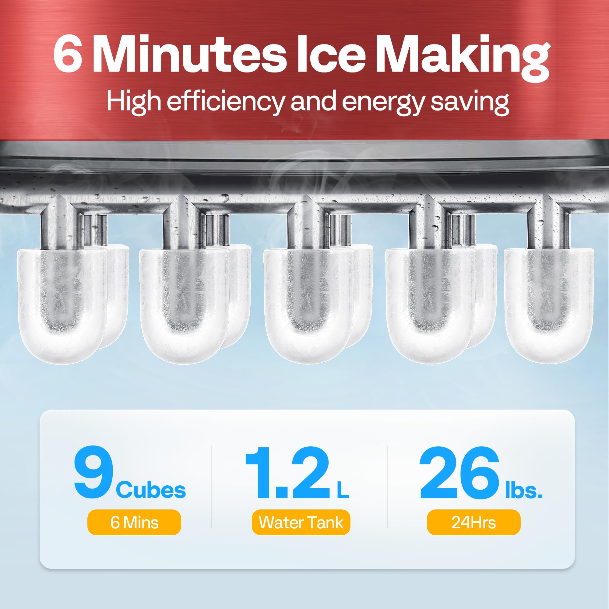 VIVOHOME Portable Countertop Ice Maker Machine - 26lbs/Day, 9 Ice Cubes in 6 Minutes, Self-Cleaning with Hand Scoop (Red) - Perfect for Home, Office, RV, and Parties