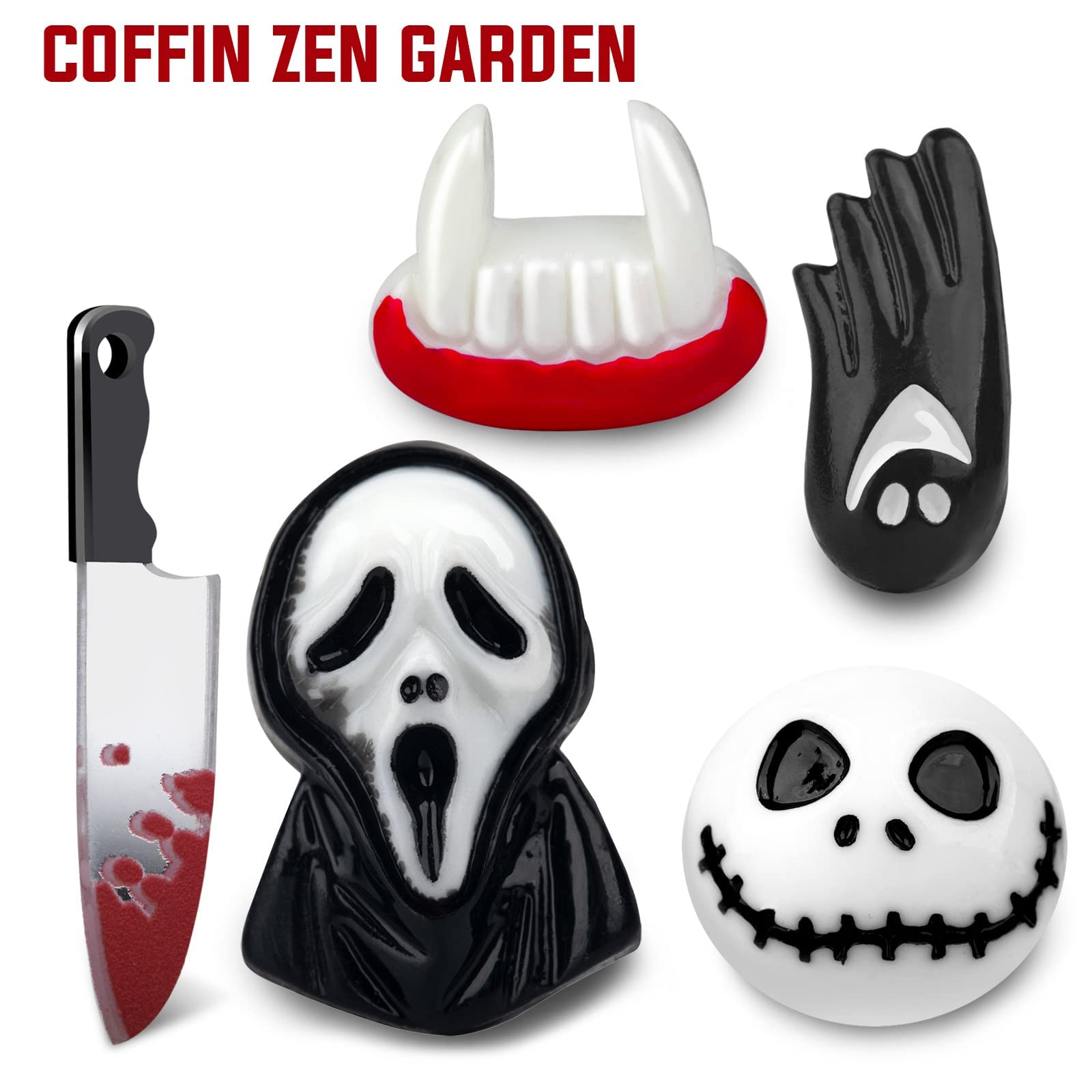 LUCHINM Coffin Zen Garden Kit for Desk - 9.2×4.5 Inch Mini Sandbox with 6 Accessories & 3 Rakes - Gothic Office Decor, Halloween Desk Accessory - Perfect for Stress Relief, Meditation & Spooky Home Décor