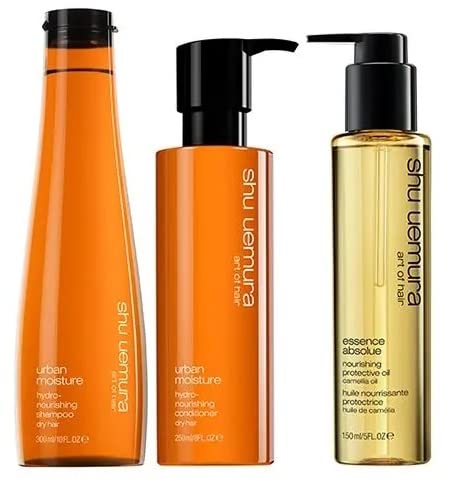 Shu Uemura Urban Moisture Hair Care Set - Shampoo 300ml, Conditioner 250ml & Essence Absolue Protective Oil 150ml for Hydrated, Nourished Hair | Perfect for Dry, Damaged Hair & Daily Hair Care Routine