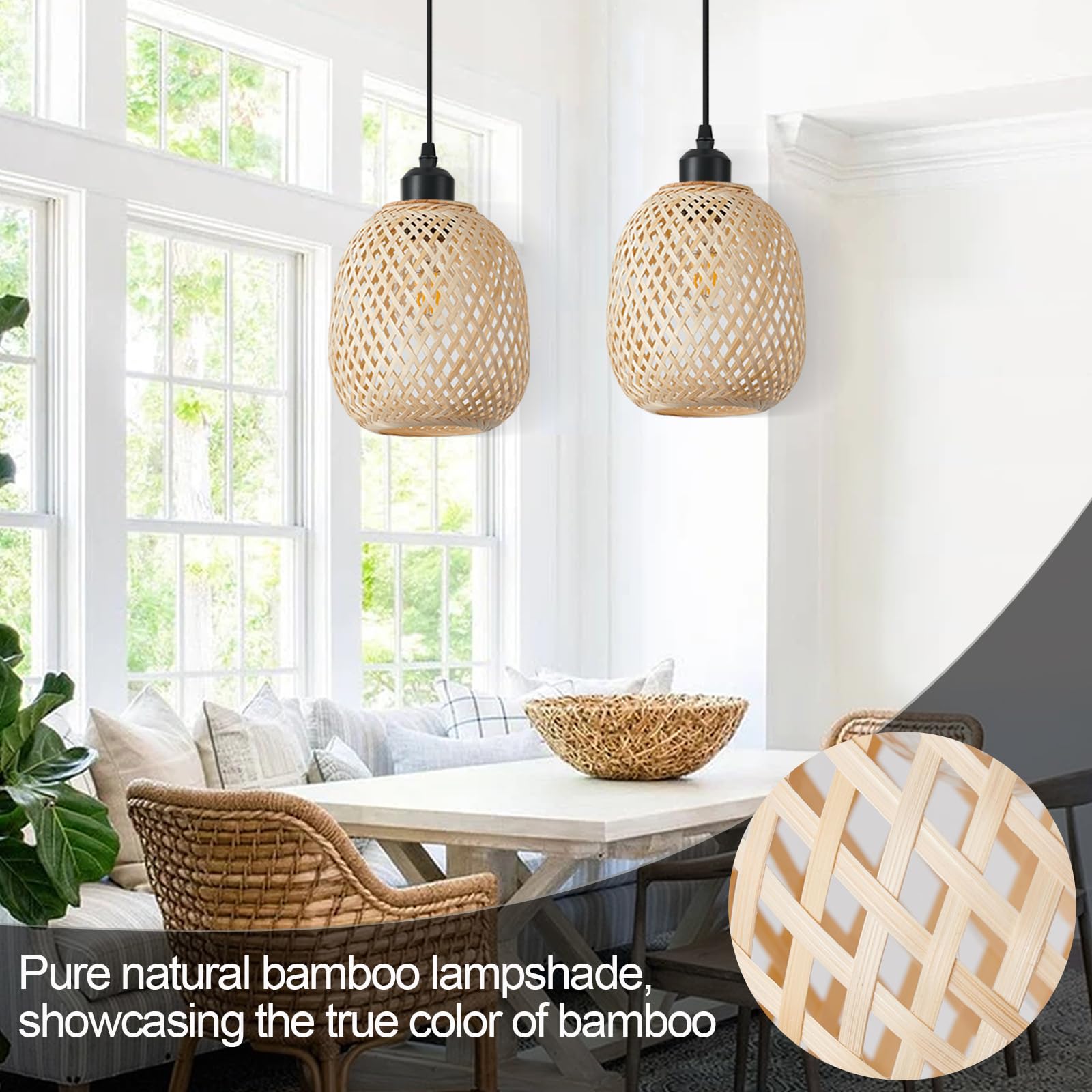 TERLEENART Set of 2 Bohemian Rattan Pendant Lights - Mid Century Modern Woven Bamboo Chandeliers for Kitchen, Dining Room, Living Room & Bedroom - Perfect for Farmhouse, Coastal & Boho Decor Styles