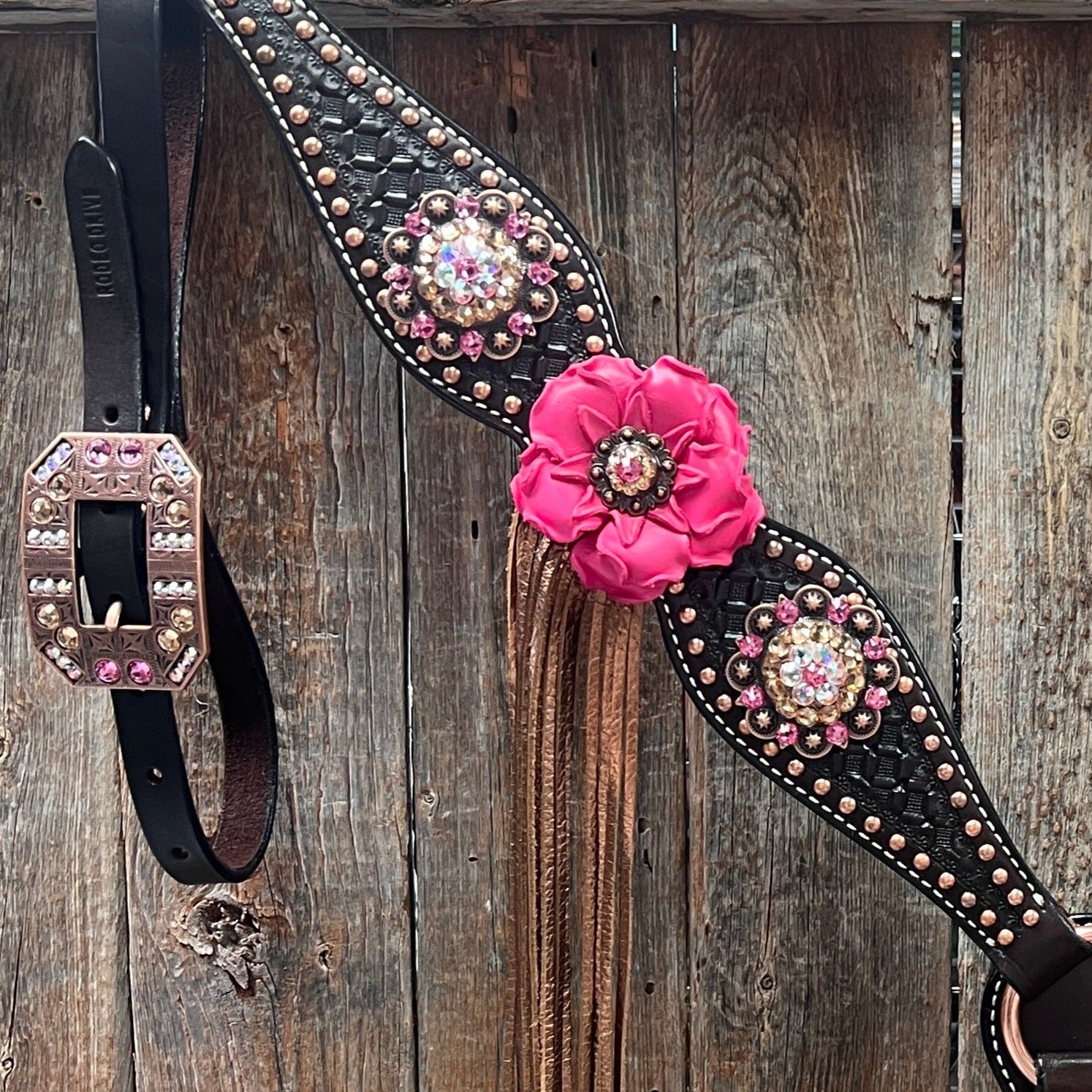 Premium Dark Oil Honeycomb Copper Dot Browband & Breastcollar Tack Set - Elegant Copper Pink & Champagne Equestrian Gear for Dressage & Show Jumping | BBBC614