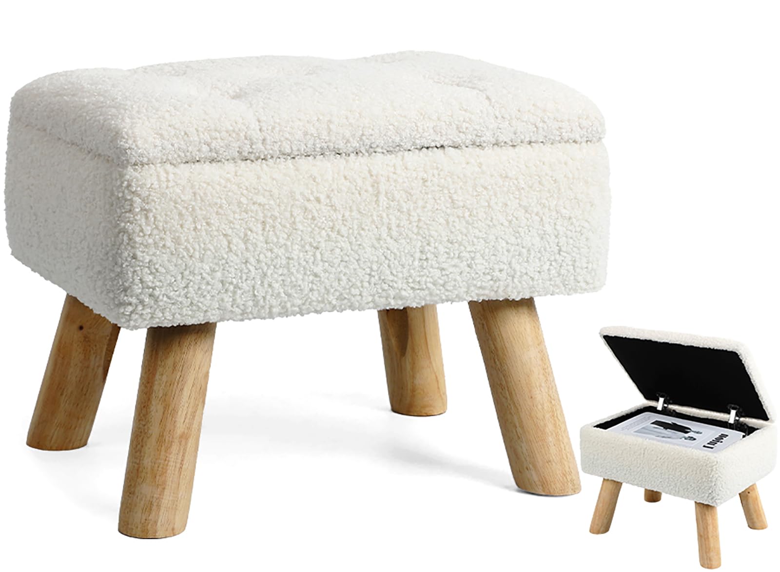 Storage Ottoman with Padded Seat - Small Boucle Teddy Velvet Foot Stool with Sturdy Wood Legs, Multi-Functional Storage Ottoman for Living Room, Bedroom & Entryway (Cream) | Perfect for Extra Seating, Foot Rest & Home Organization