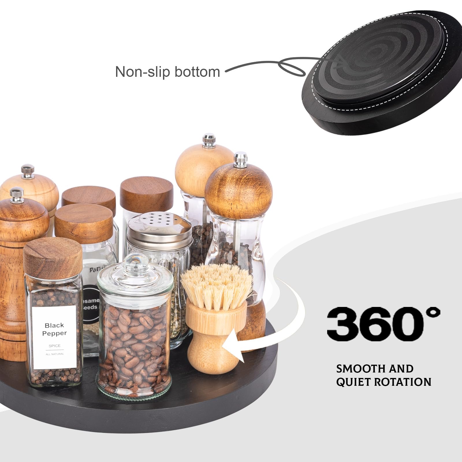 10 Inch Black Wood Lazy Susan Turntable - Kitchen Cabinet Organizer, Farmhouse Bathroom Decor, Round Decorative Tray for Vanity, Counter, Sink & Coffee Table - Perfect for Spice Storage, Makeup Organization & Home Decor Display
