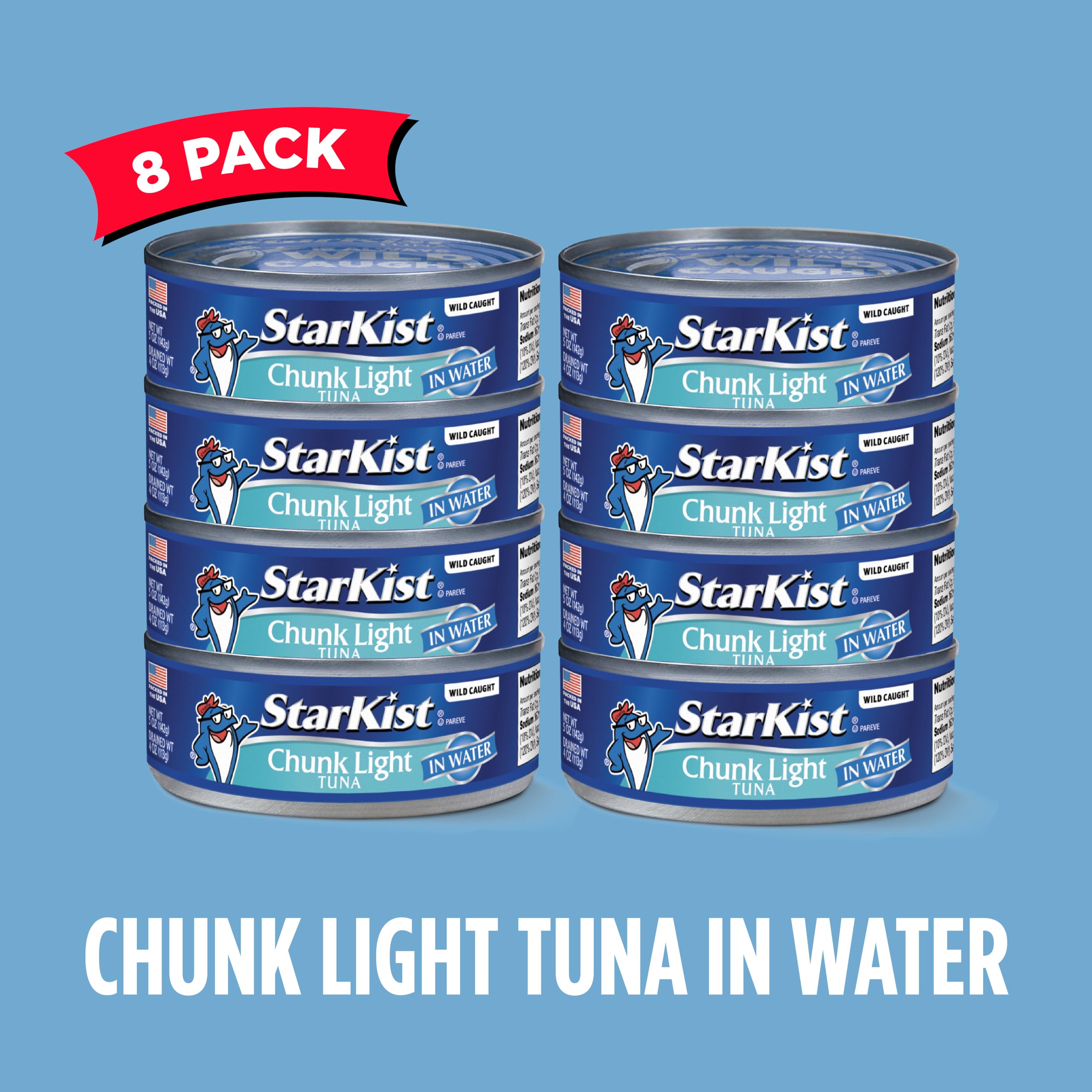 StarKist Chunk Light Tuna in Water, 5 oz (8 Pack) - Wild Caught, Gluten Free Canned Tuna Fish - High Protein (20g), Low Calorie (90) - Ready to Eat for Salads, Keto Meals, Sandwiches & Healthy Snacks - Perfect for Lunch Box, Camping & Emergency Food Supply