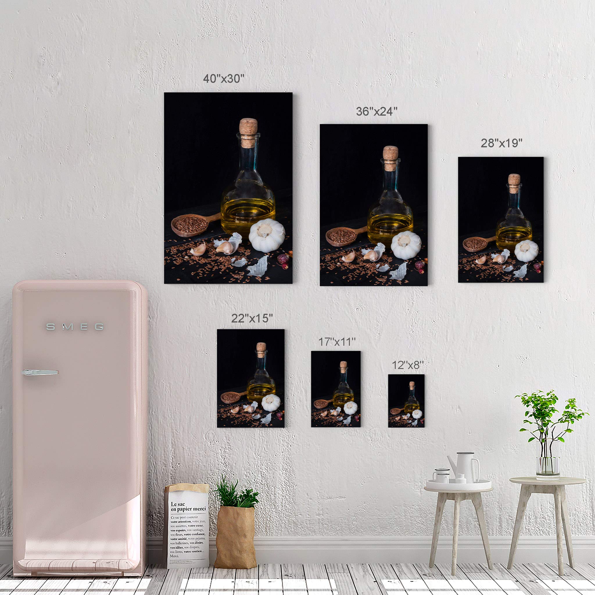 Smile Art Design Garlic Olive Oil & Sesame Seeds Kitchen Canvas Wall Art Print - Modern Farmhouse Decor for Restaurant, Cafe & Dining Room - Housewarming Gift (40x30) Ready to Hang - Perfect for Italian Kitchen Theme & Cooking Enthusiasts