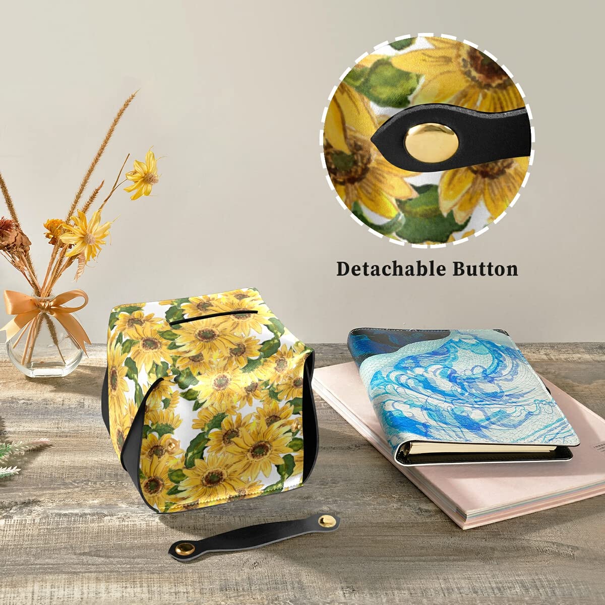 Premium PU Leather Sunflower Tissue Box Cover - Rectangle Hanging Tissue Dispenser for Countertops, Nightstands & Bathrooms | Home & Office Decor