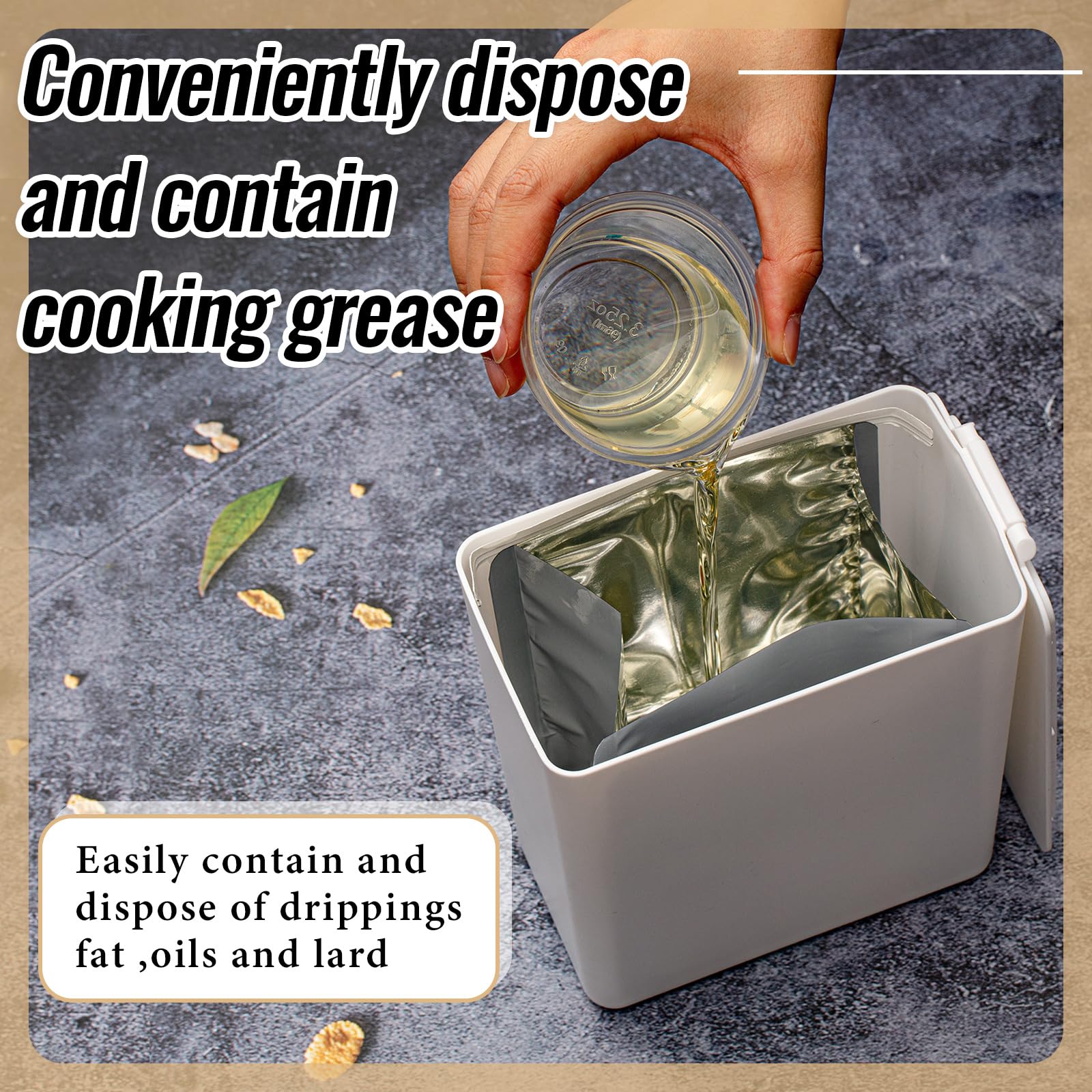 26-Pack Disposable Grease Containers with 25 Foil Liners & 1 White Storage Bin - Prevent Kitchen Drain Clogs | Perfect for Frying, Grilling & Cooking Oil Storage