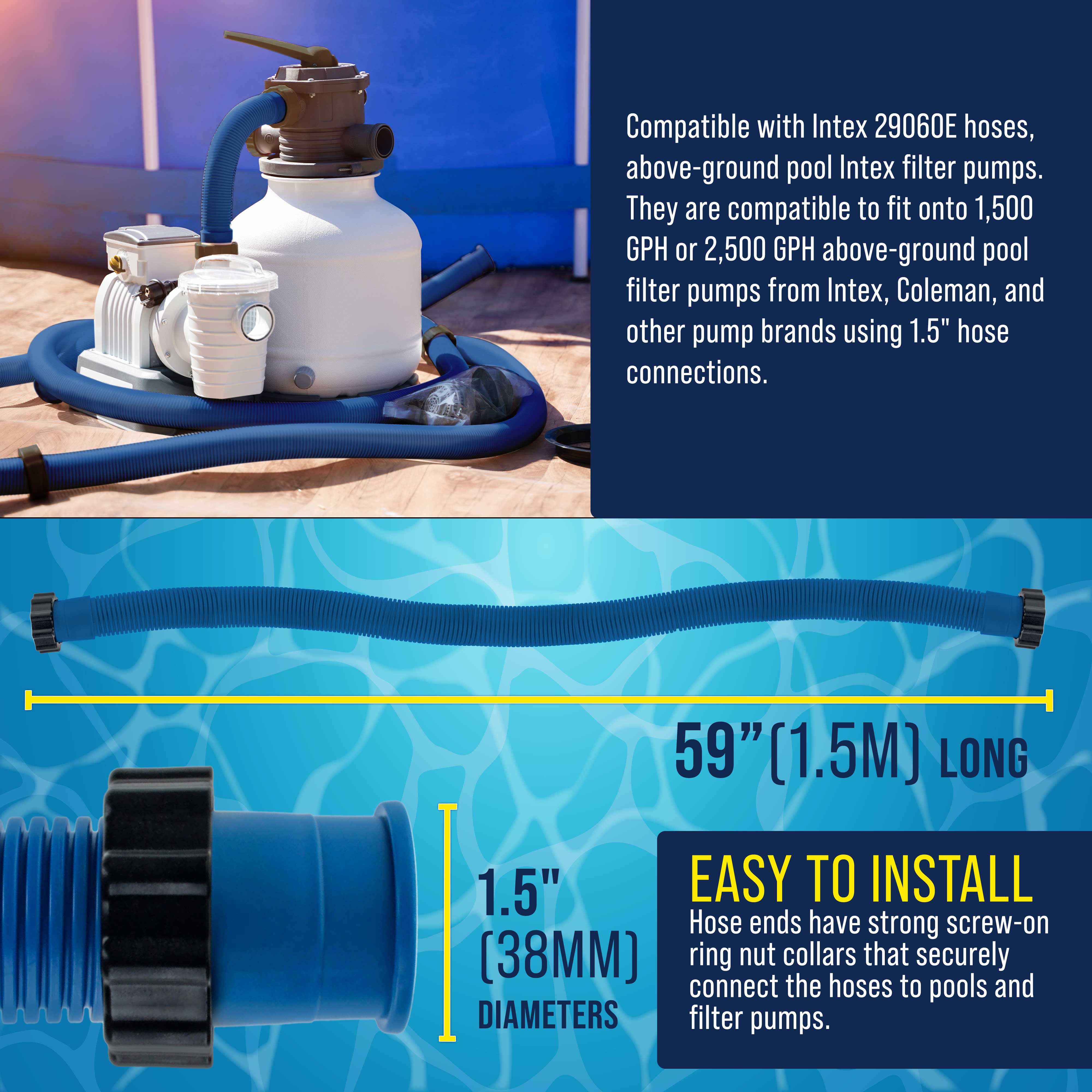 Intex 29060E Compatible Above Ground Pool Hose Replacement - 1.5 Inch Diameter x 59 Inch Long (Pack of 2, Blue) for Pool Filter Pumps, Sand Filters & Saltwater Systems (1,500-2,500 GPH) - Perfect for Summer Backyard Swimming Pool Maintenance