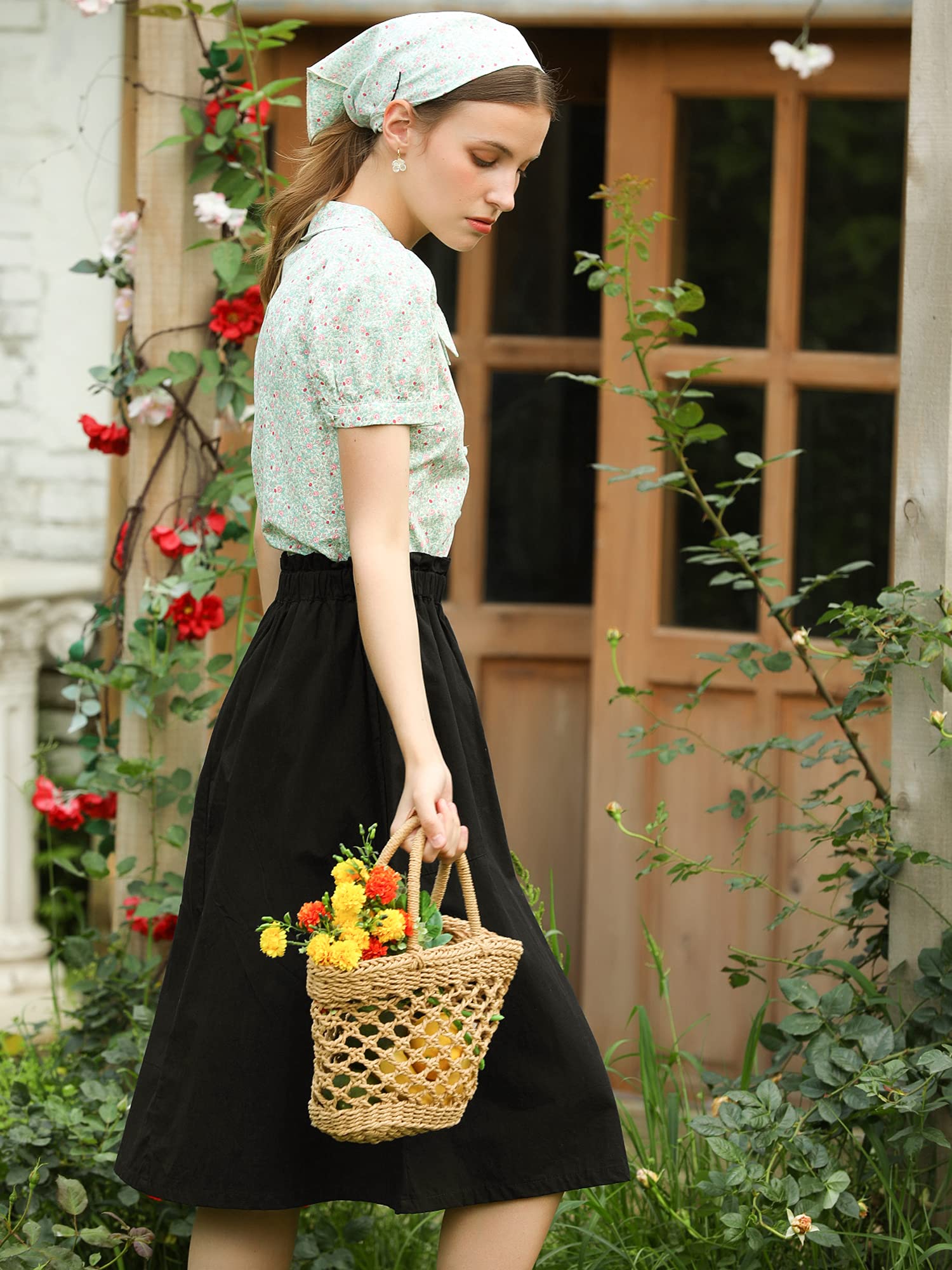 Allegra K Women's Casual Cotton Skirt with Elastic Waist & Pockets - A-Line Midi Peasant Skirt for Work, Travel & Everyday Wear