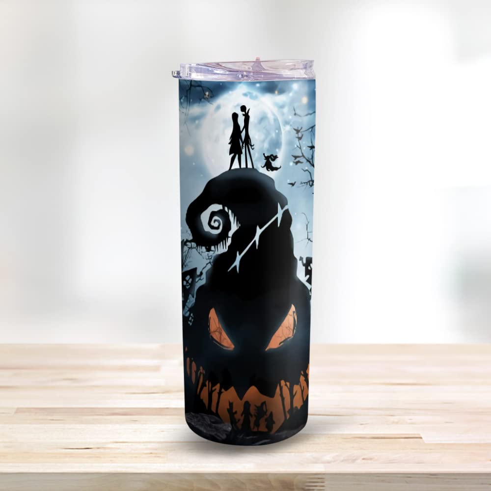 Nightmare Before Christmas Skinny Tumbler 20oz - Insulated Stainless Steel Travel Mug with Lid - Perfect Gift for Couples, Wife, Husband & Movie Lovers - Great for Coffee, Tea & Hot/Cold Drinks at Home, Office or Travel