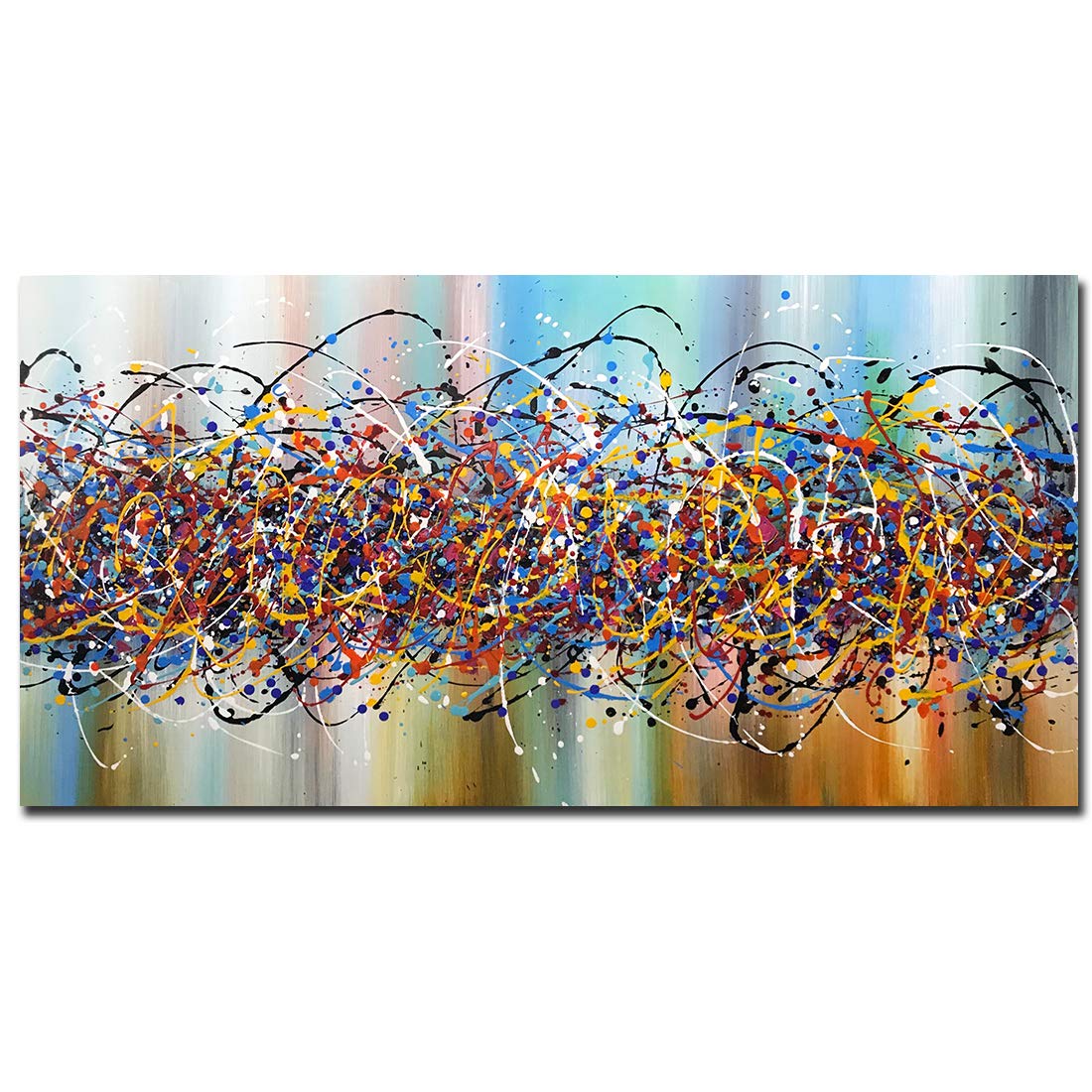 24x48 Inch Jackson Pollock Style Abstract Oil Painting - Hand-Painted Modern Canvas Art with Wood Frame, Ready to Hang | Perfect for Living Room, Bedroom & Office Wall Decor