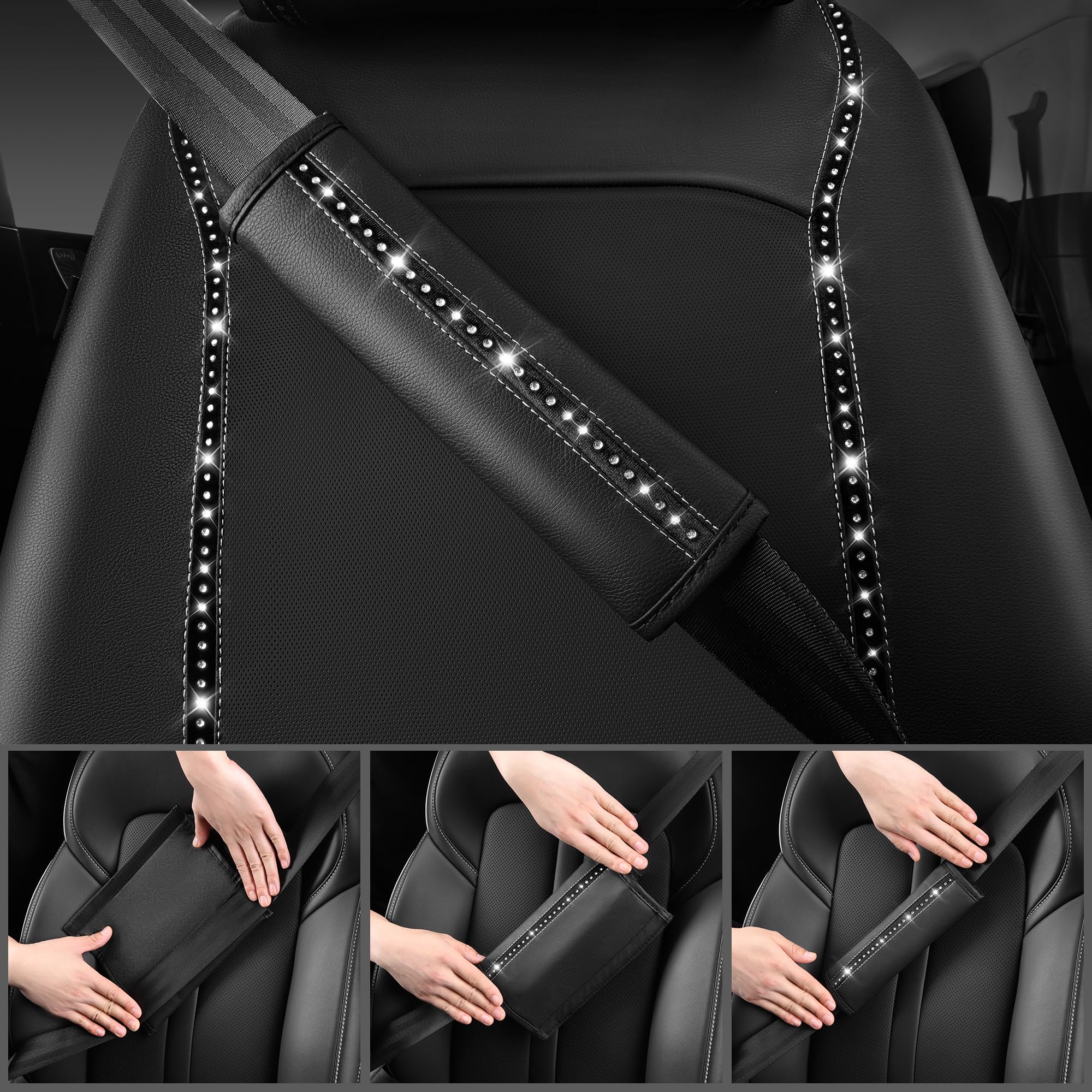 Bling Car Accessories Set for Women - 14 PCS Leather Seat Covers & Rhinestone Steering Wheel Cover | Luxury Car Interior Decor