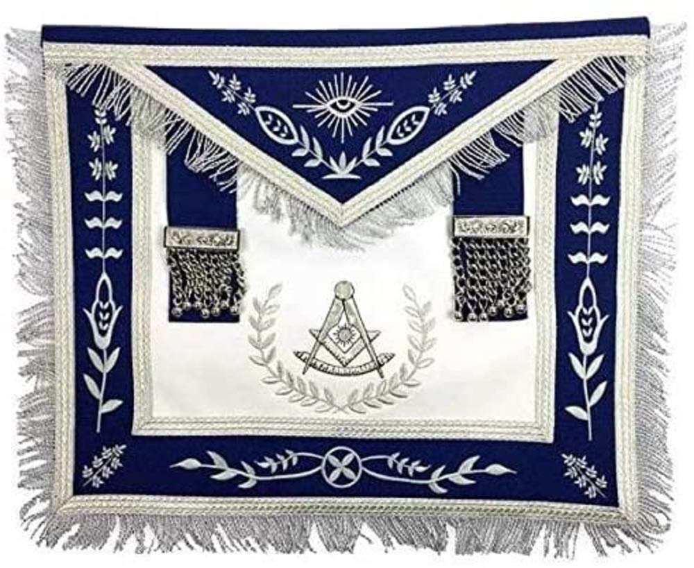 Masonic Blue Lodge Past Master Apron with Silver Fringe - Machine Embroidered Freemason Regalia with Adjustable Belt & Royal Blue Ribbon | Perfect for Masonic Ceremonies, Lodge Meetings & Formal Events