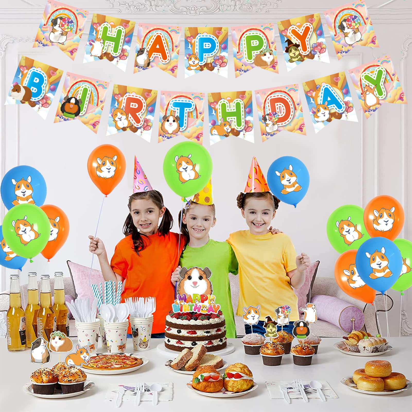 Guinea Pig Birthday Party Decorations - Kawaii Hamster & Pui Pui Cartoon Theme Party Supplies for Kids - Includes Happy Birthday Banner, Balloons & Cupcake Toppers - Perfect for Children's Birthday Celebrations & Small Animal Themed Parties