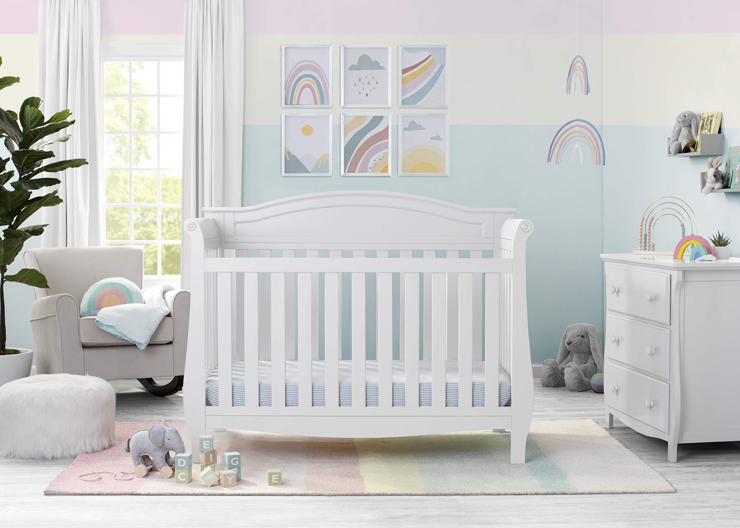 Delta Children Lancaster 4-in-1 Convertible Baby Crib in Bianca White with Serta Perfect Slumber Dual-Sided Crib Mattress - Nursery Furniture Set for Newborns to Toddlers | Safe Sleep Solution for Baby's Bedroom & Daycare Use