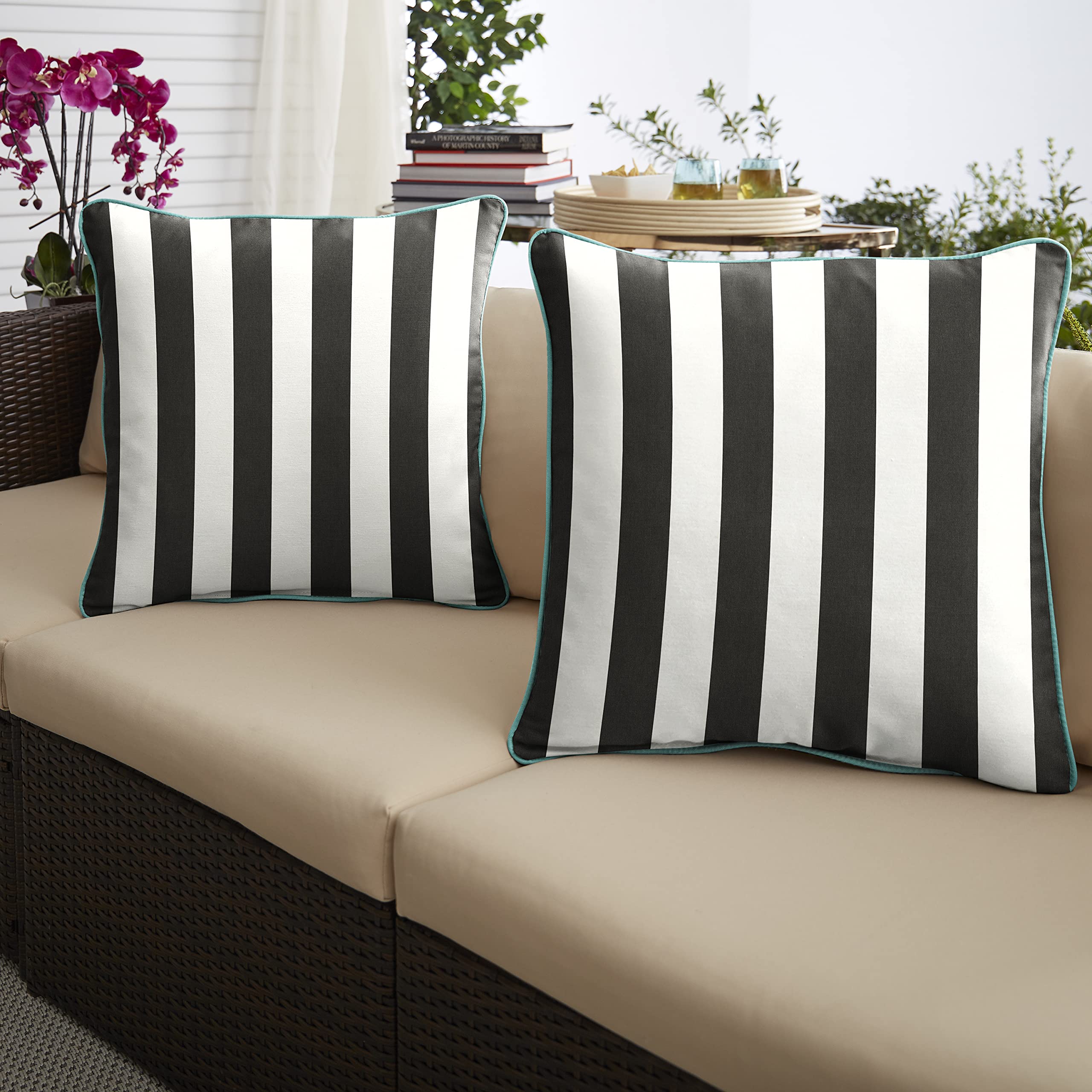 Sorra Home x Sunbrella - 2-Pack Square Throw Pillows, Cabana Classic Stripes & Aruba Patterns - Water-Resistant Outdoor Cushions for Patio, Poolside & Garden Decor
