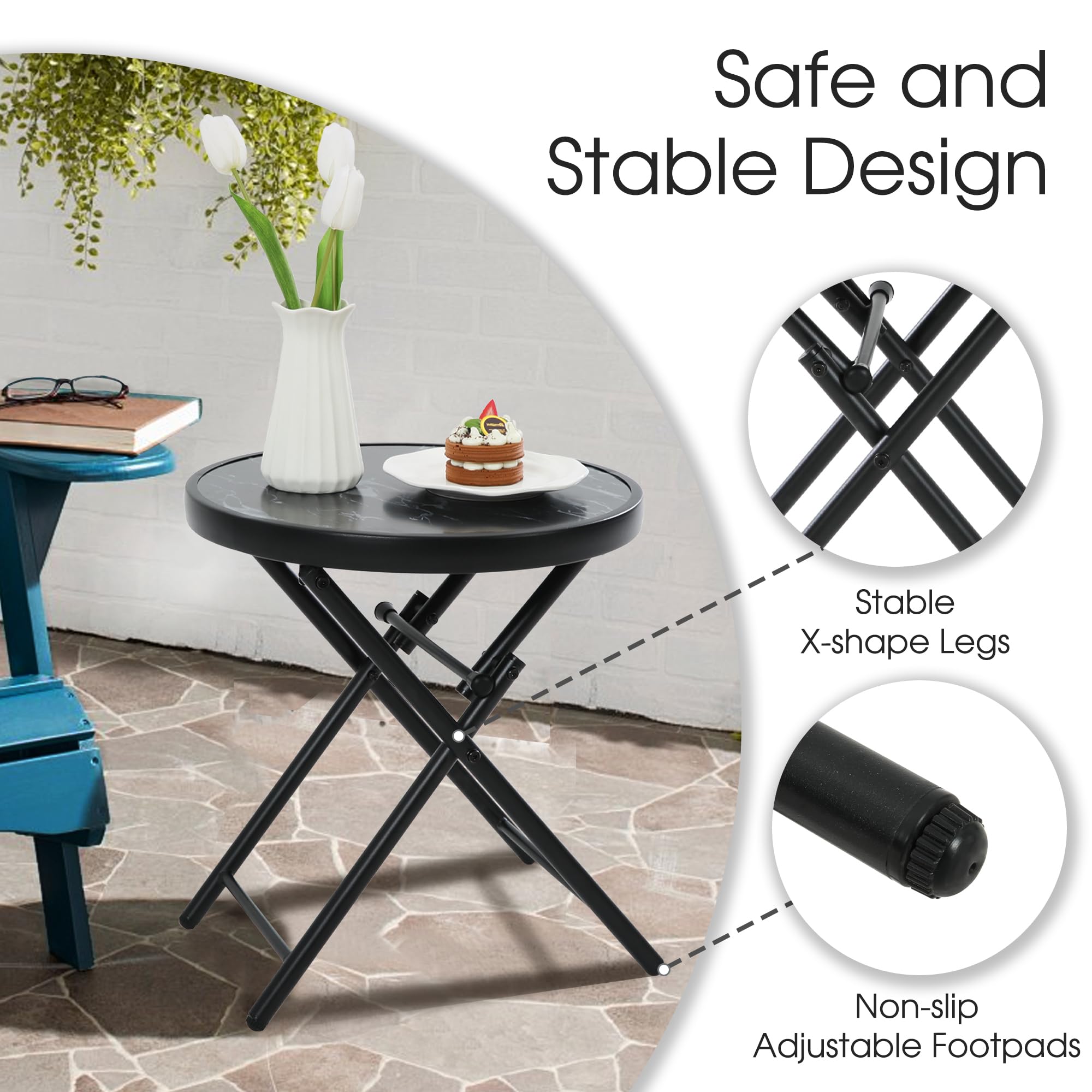 HOMEFUN Outdoor Folding Side Table with Tempered Glass Top - Portable Bistro Coffee Table for Patio, Porch, Yard, Balcony, Garden, Deck & Poolside - Perfect for Outdoor Dining, Relaxing & Entertaining - Black
