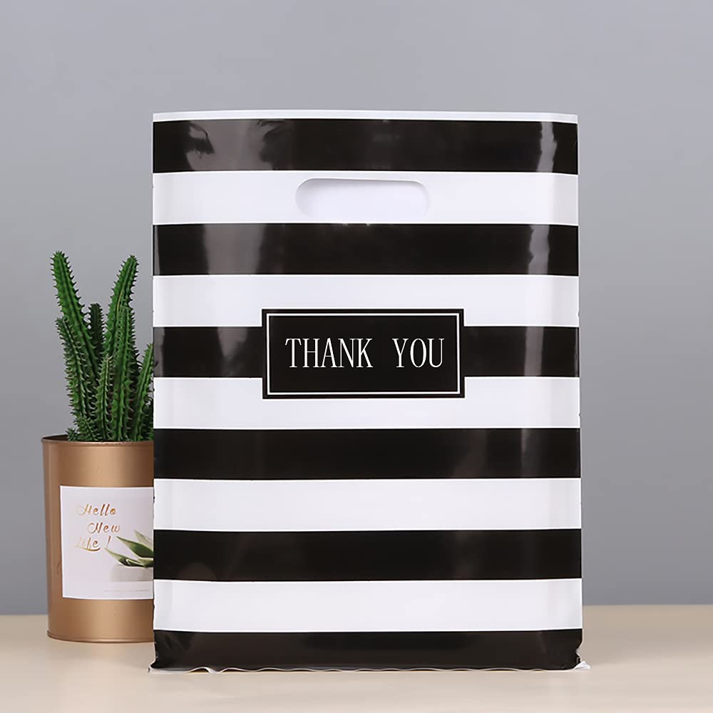 Daarcin 100pcs 12x16in Black and White Striped Plastic Shopping Bags with Handles - Reusable Retail Merchandise Bags for Boutique, Party Favors, Goodie Bags, Clothing Stores & Business Use | Perfect for Gift Packaging, Retail Shopping & Event Giveaways