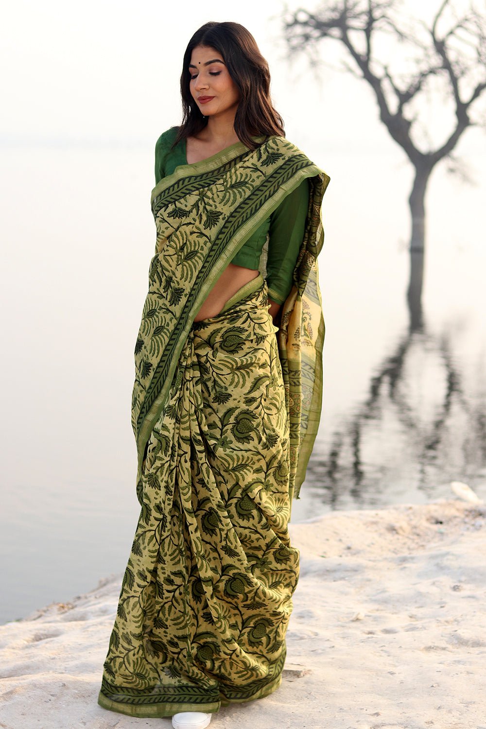 Kiwi Sunburst Handblock Printed Chanderi Saree - Elegant Indian Traditional Wear for Weddings & Festivals | Breathable Lightweight Fabric for Special Occasions
