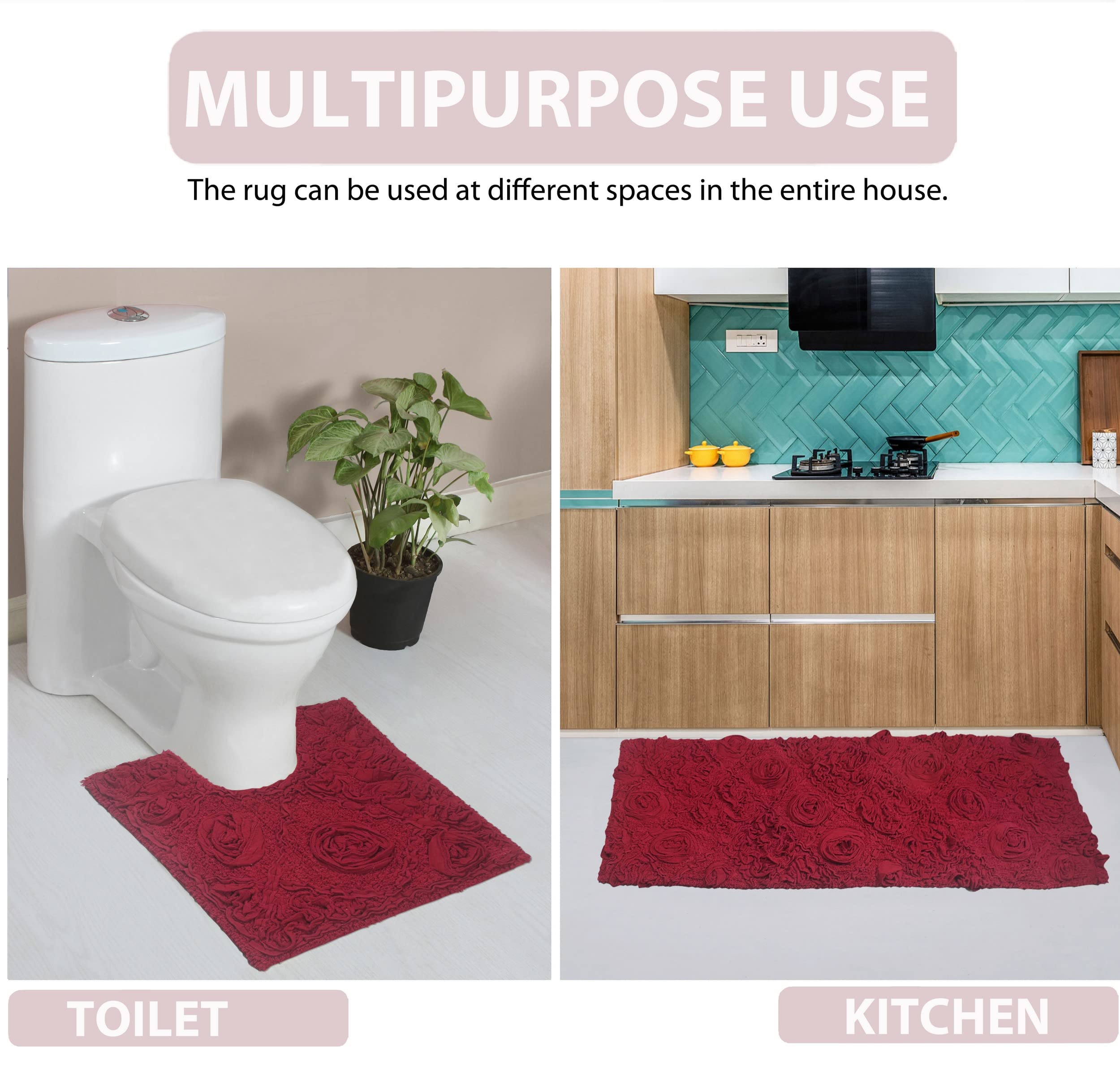 Premium 5-Piece Cotton Bath Rug Set - Ultra Soft, Absorbent & Non-Slip Bathroom Mats for Shower, Tub & Kitchen - Machine Washable Contour Design in Red - Home Weavers Modesto Collection - Perfect for Bathroom Safety & Comfort