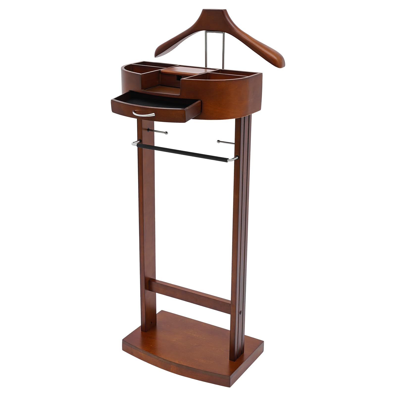 Premium Wooden Valet Stand with Drawer - Freestanding Clothing Organizer with Tie/Belt Hooks & Shoe Rack - Dark Walnut Bedroom Valet for Suits, Watches & Accessories - Perfect for Master Bedroom, Walk-in Closet & Gentleman's Dressing Area