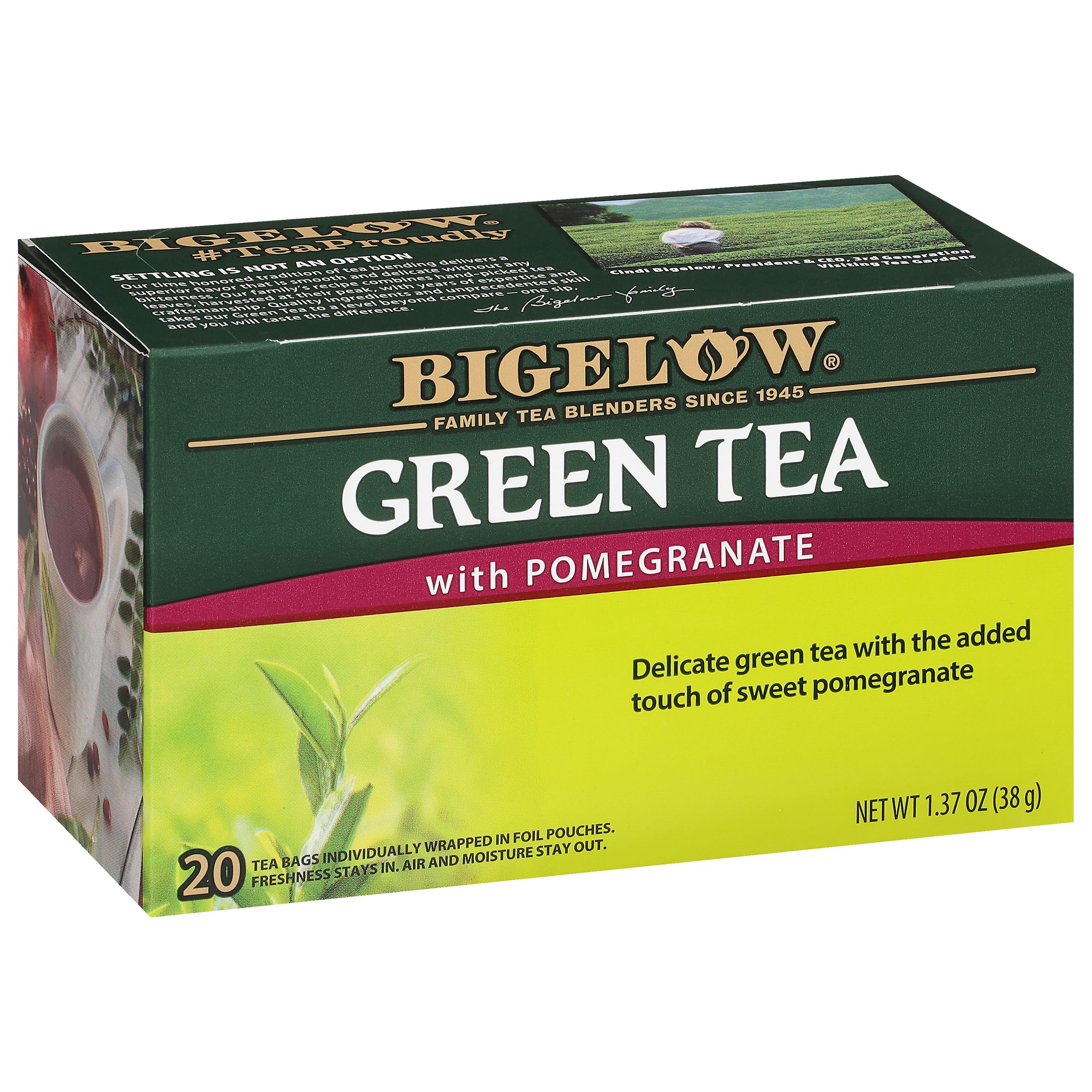 Bigelow Green Tea with Pomegranate - 20 Tea Bags | Antioxidant Rich, Caffeine Free Herbal Tea for Relaxation & Wellness | Perfect for Morning Boost or Evening Unwind
